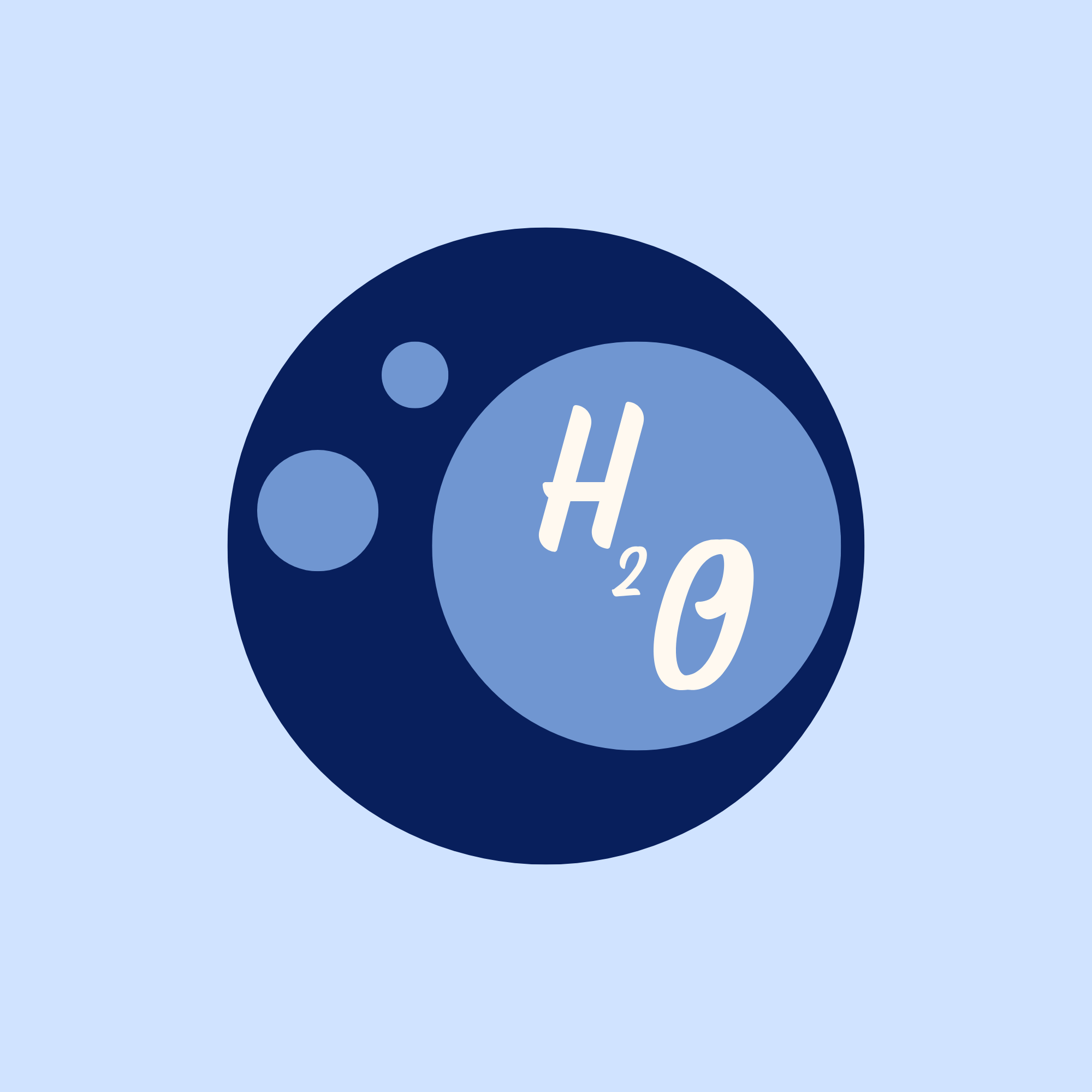 A graphic illustration with various blue circles and a large dark blue circle with white text 'H2O' inside.