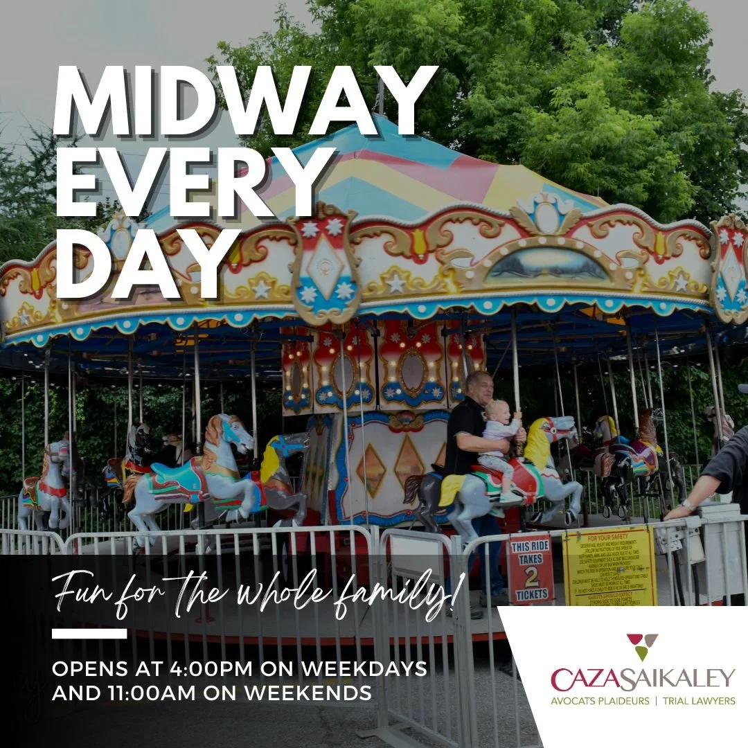 🎡 Maximize your fun at the Caza Saikaley Midway!

Get ready for five days of excitement, laughter, and family fun! The Midway opens at 4:00 PM on weekdays and 11:00 AM on weekends, featuring rides and games for children of all ages.

From classic mi