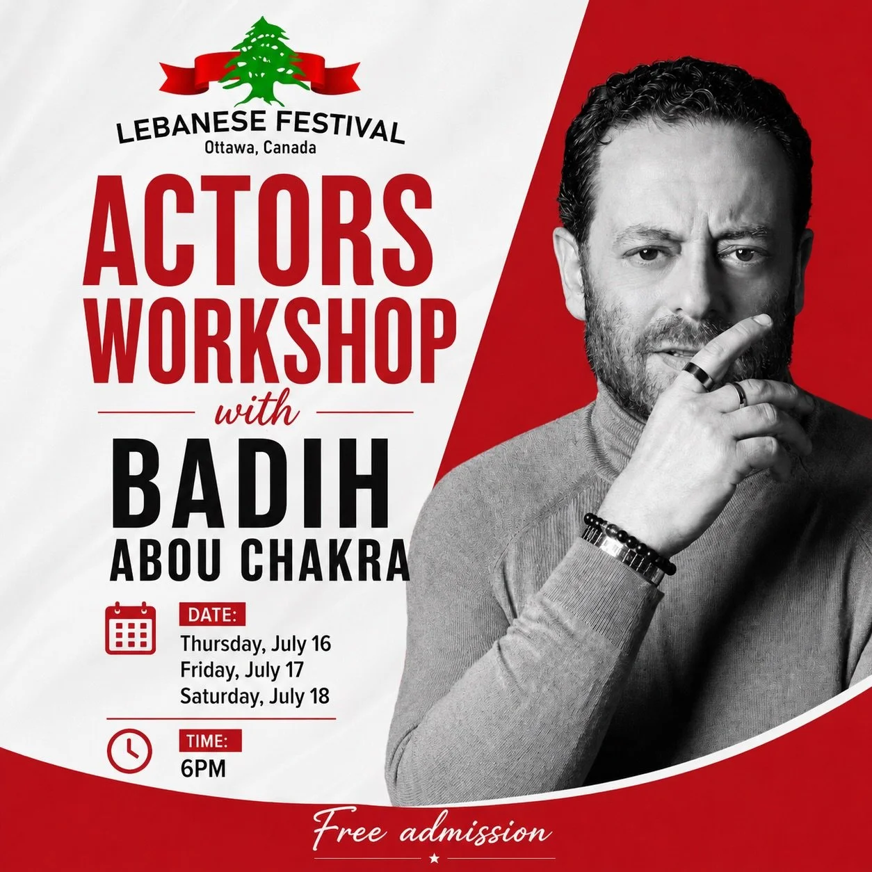 🎬 Ever dreamed of stepping into the world of acting?

This is your chance!

Join renowned Lebanese actor Badih Abou Chakra for an exclusive FREE Actors Workshop at the 36th Annual Ottawa Lebanese Festival. Whether you&rsquo;re an aspiring actor, a p