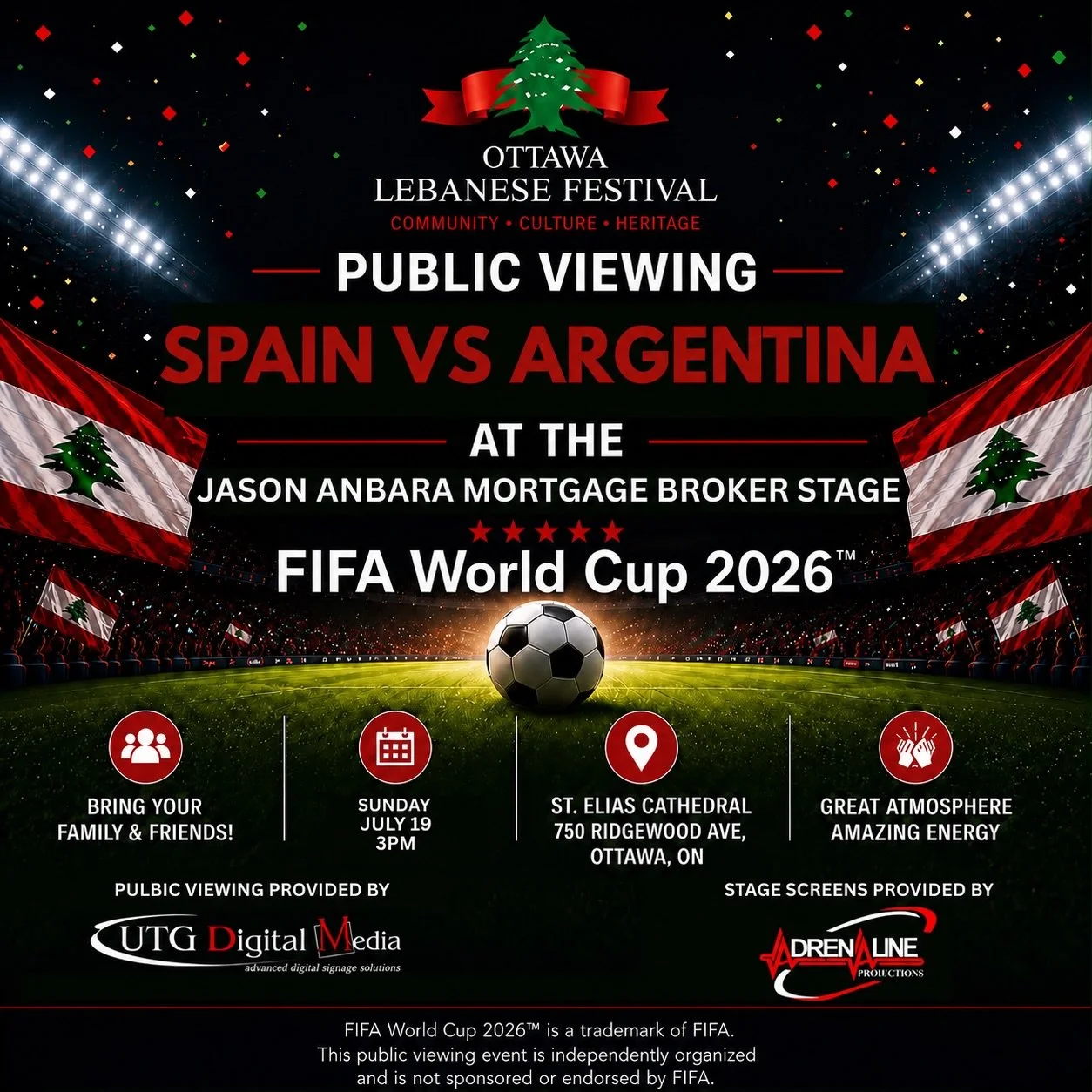 IT ALL COMES DOWN TO THIS&hellip; THE FIFA WORLD CUP 2026 FINAL! ⚽🔥

Join us at the Ottawa Lebanese Festival as we watch Spain 🇪🇸 vs Argentina 🇦🇷 battle for football&rsquo;s biggest prize LIVE on our giant stage screens!

Experience the electric