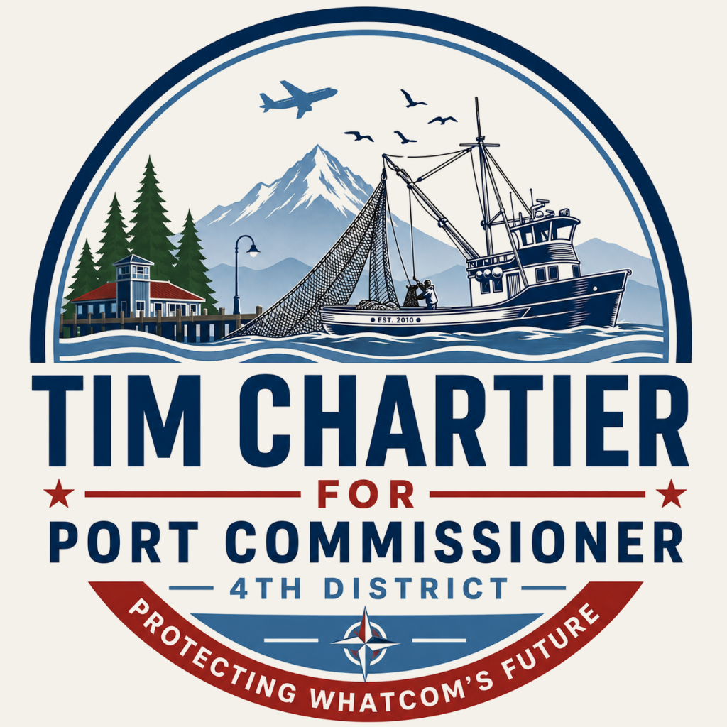 A campaign logo for Tim Chartier running for port commissioner in the 4th district. The logo features a fishing boat on water, a mountain with snow, pine trees, and an airplane with birds flying above. The text includes "Est. 2010" and "Protecting Whatcom's Future."