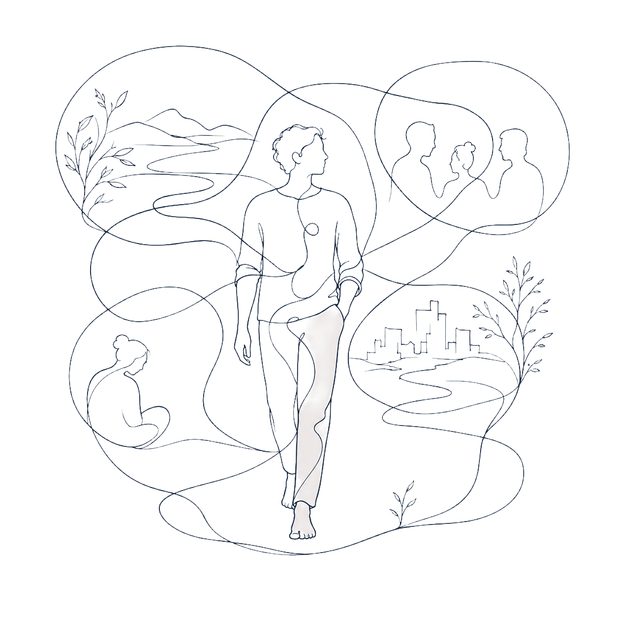 Dibujo de una persona caminando con ideas de naturaleza, relaciones y ciudad en burbujas de pensamiento alrededor.