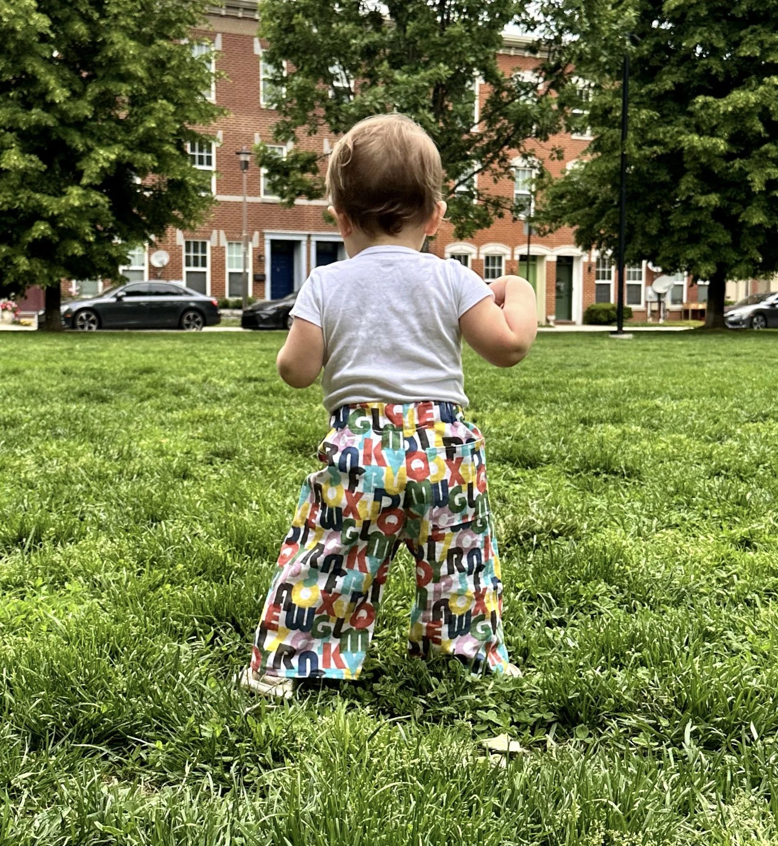 A young child with curly hair is seen from the back, standing on green grass in a park during daytime, with multi-story brick residential buildings and large leafy trees in the background. The child is wearing a plain white t-shirt and colorful pants covered with rainbow-colored alphabet letters.