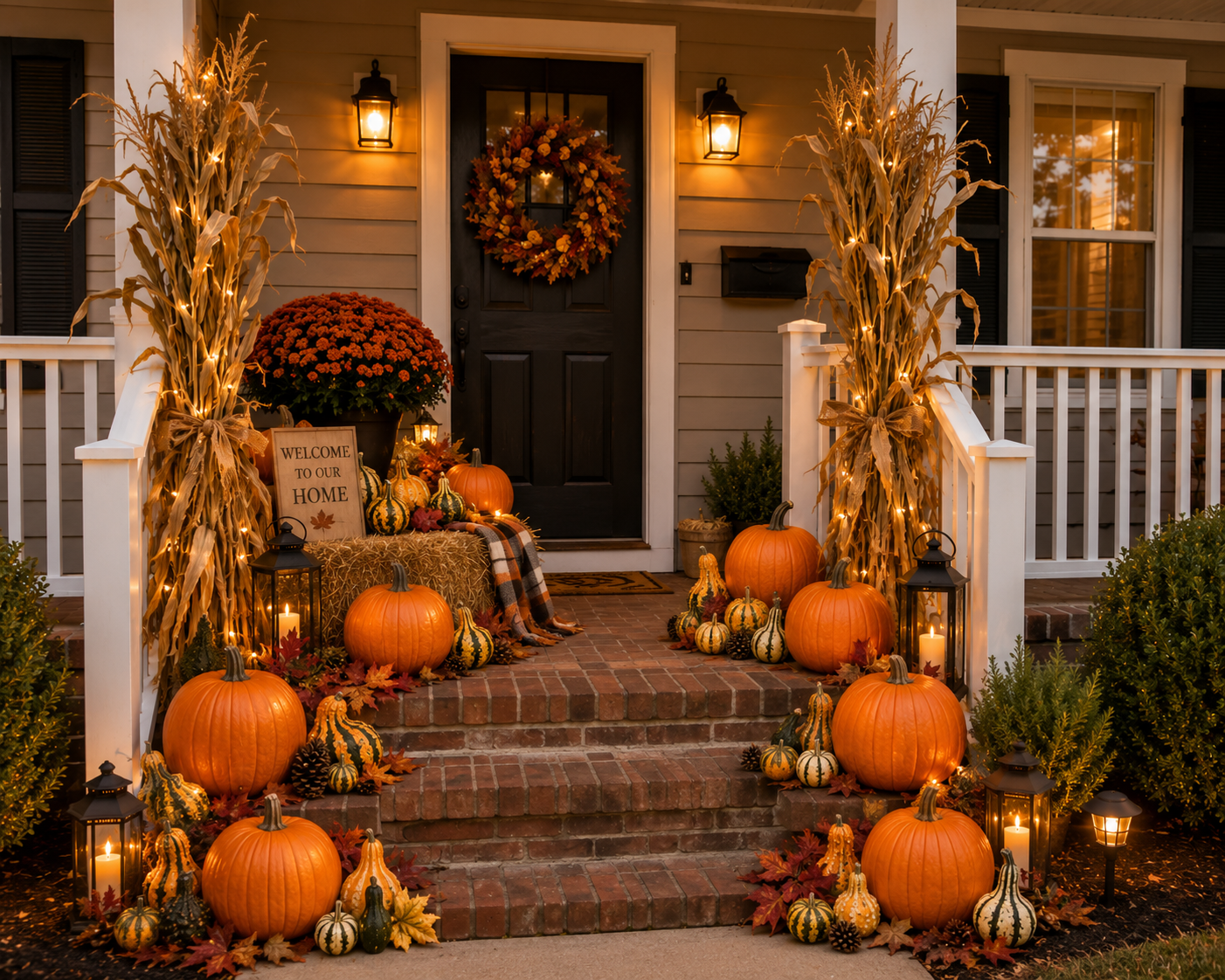 Decorated front porch for fall with pumpkins, gourds, lanterns, leaves, and string lights. There are large orange pumpkins, smaller striped gourds, and a fall wreath on the door. Two tall corn stalks with string lights frame the porch, which has a "Welcome to our Home" sign and a potted plant on the porch steps.