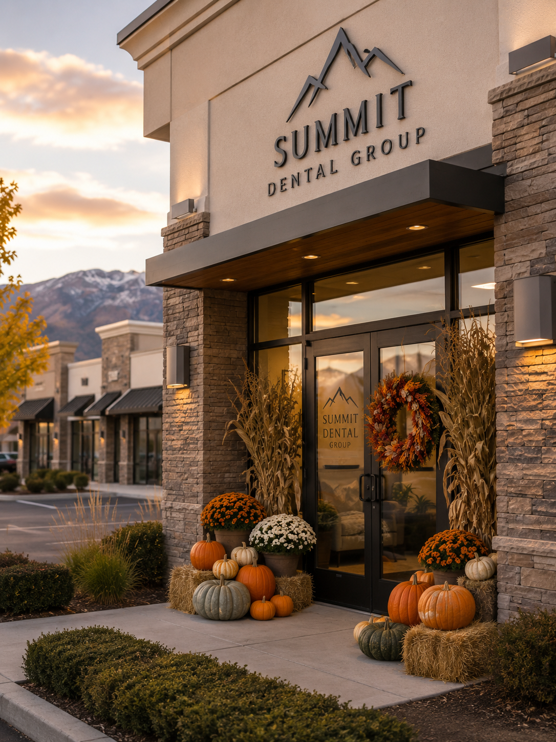 Exterior of Summit Dental Group decorated for fall with pumpkins, gourds, flowers, and autumn wreaths.