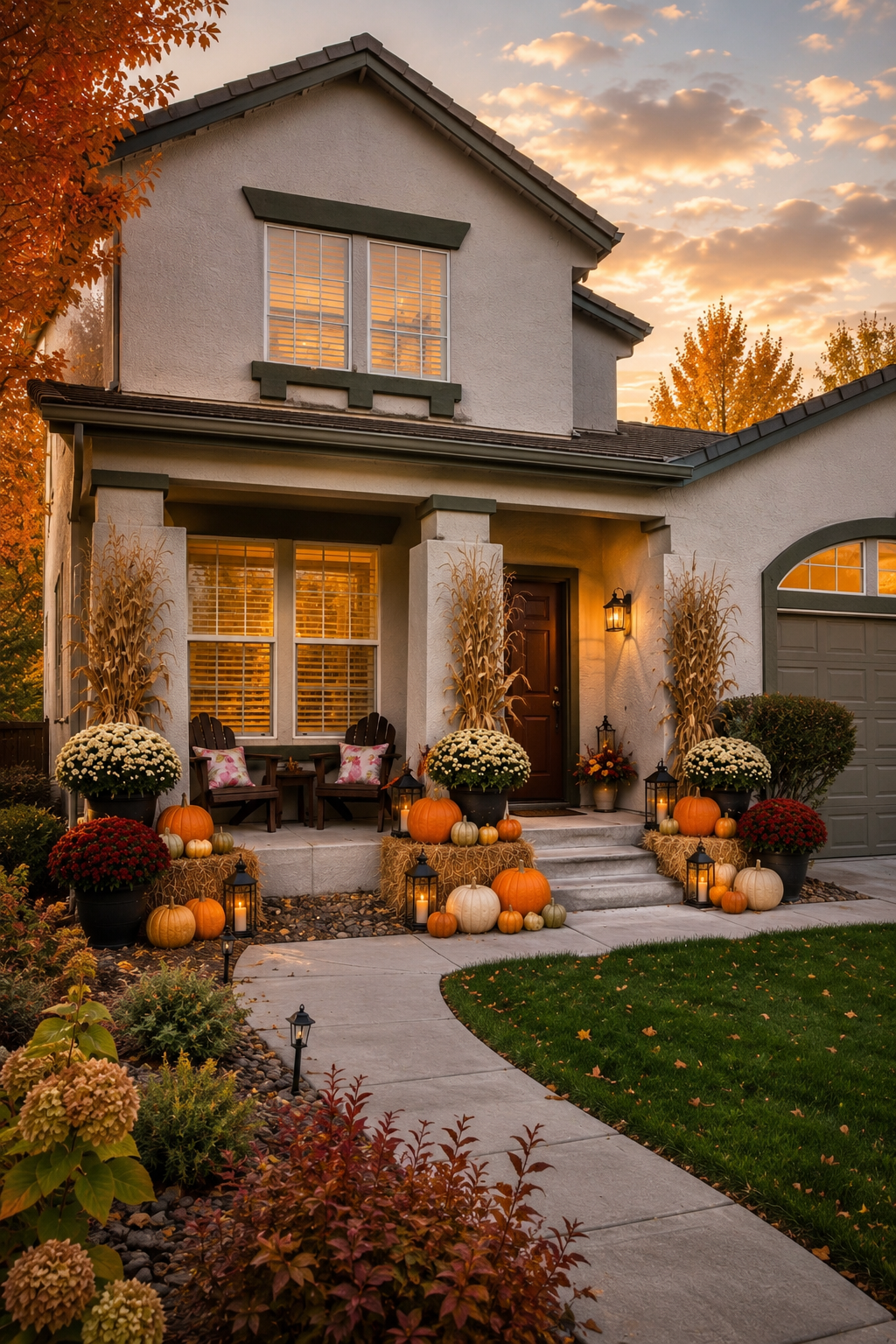 A house decorated for fall with pumpkins, potted white chrysanthemums, fall foliage, black lanterns, and hay bales on porch steps at sunset.