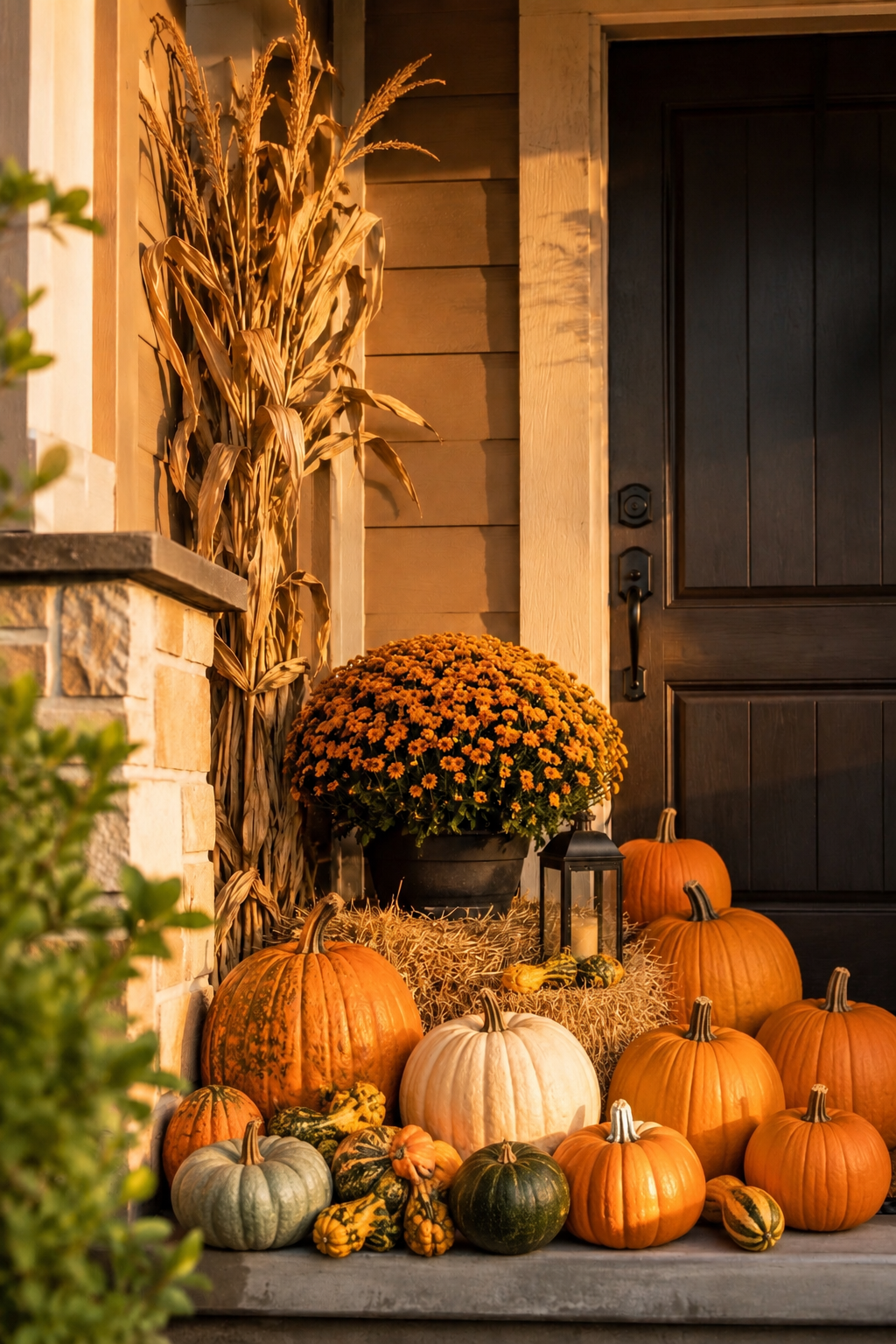 Pumpkins, a potted orange mum, dried corn stalks, and a lantern decorate the porch in autumn.