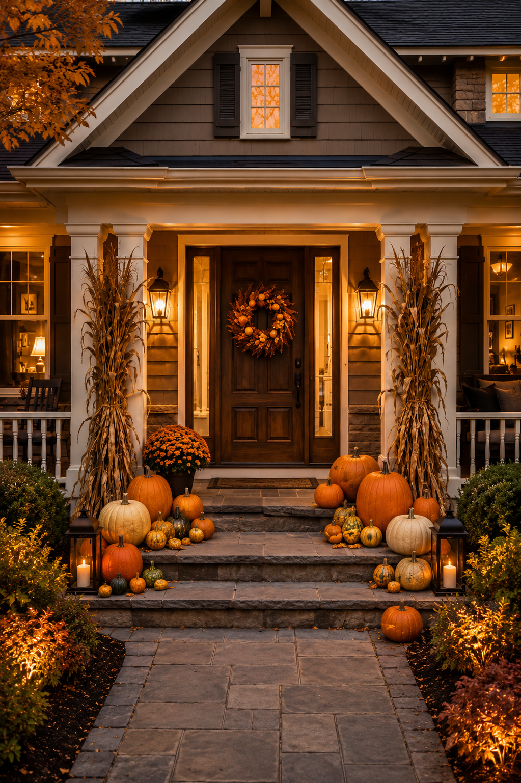 A house decorated for fall with pumpkins, gourds, corn stalks, and lanterns on the front steps, illuminated warmly from inside and outside.