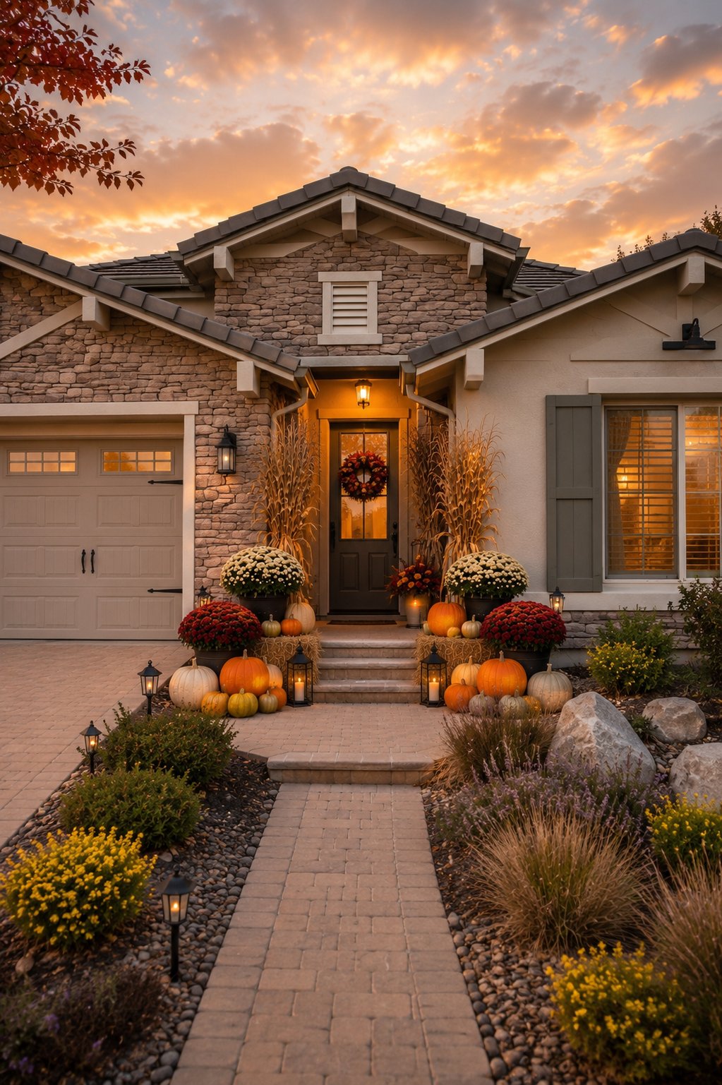 A house decorated for fall with pumpkins, mums, and lanterns near the front door at sunset.