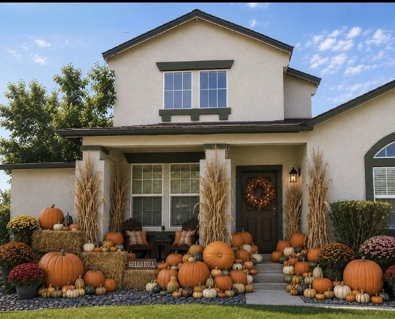 Front porch of a house decorated with pumpkins, gourds, and fall plants, featuring a wreath on the door and a sign that says 'Hello Fall'.