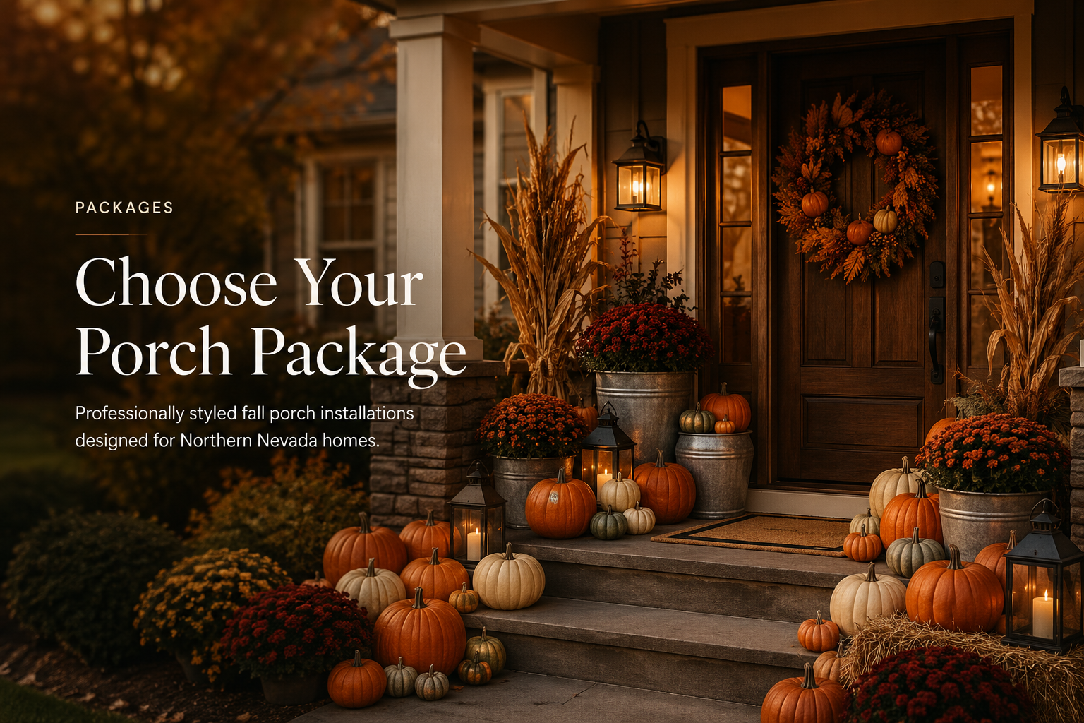 Decorated porch with pumpkins, potted mums, lanterns, and fall foliage during sunset.