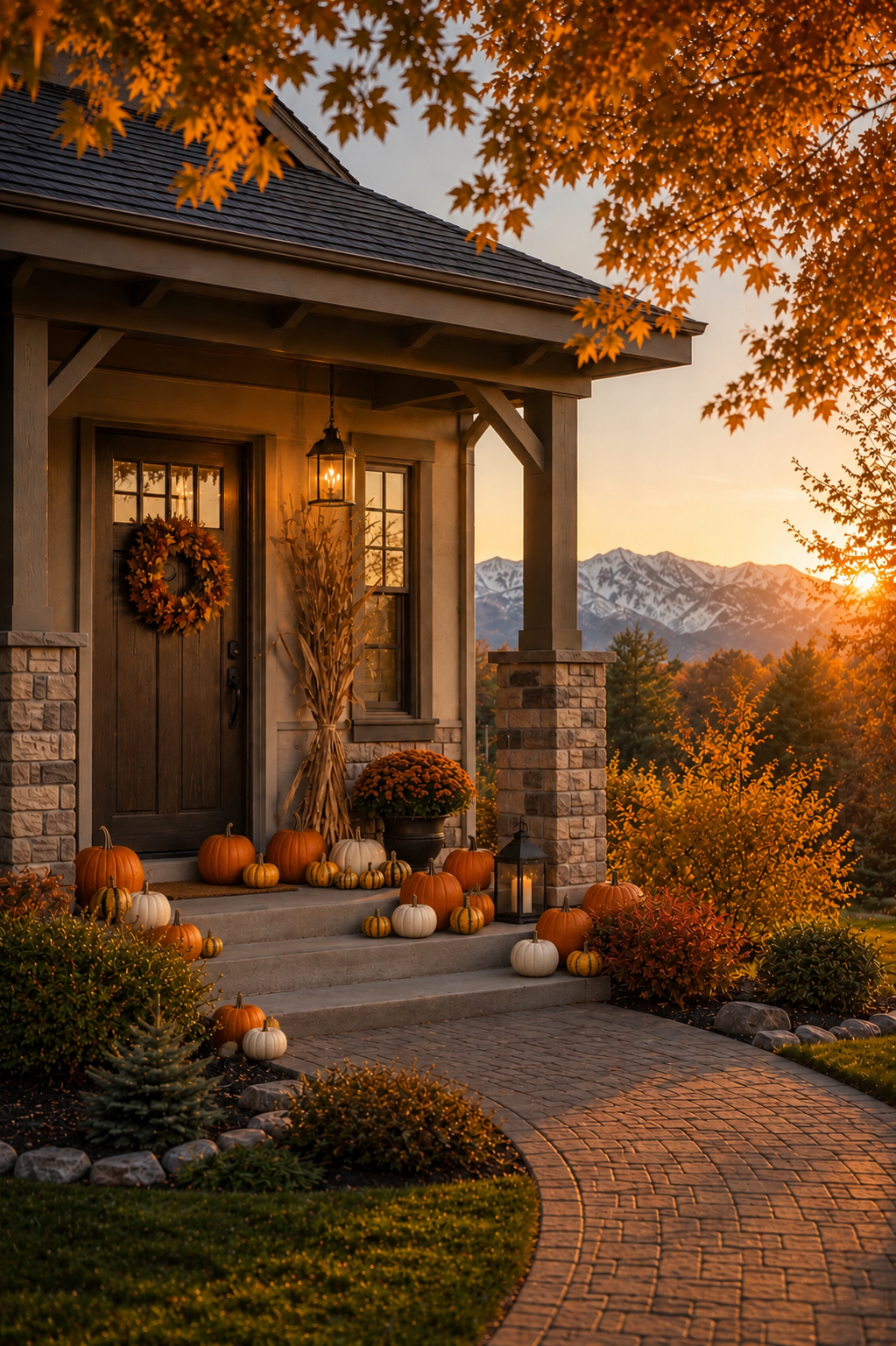 Fall scene on a house porch decorated with pumpkins, gourds, and autumn flowers during sunset with mountains in the background.