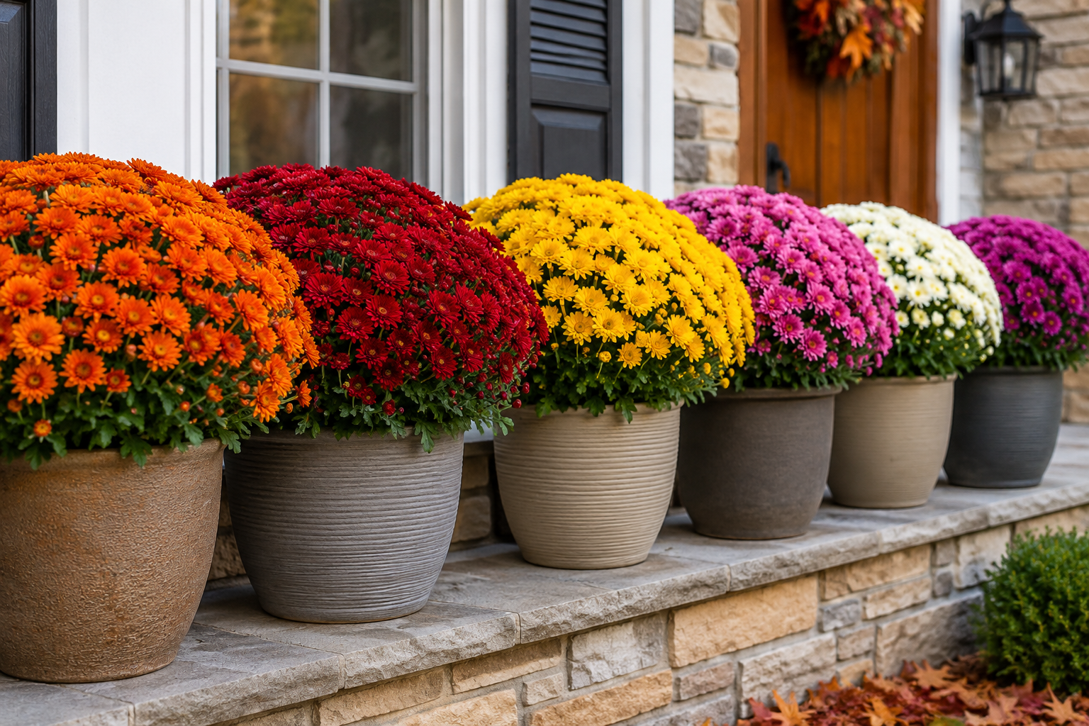 Row of colorful potted chrysanthemums in orange, red, yellow, pink, white, and purple on a stone porch in front of a house with a window and a wooden door with a wreath.