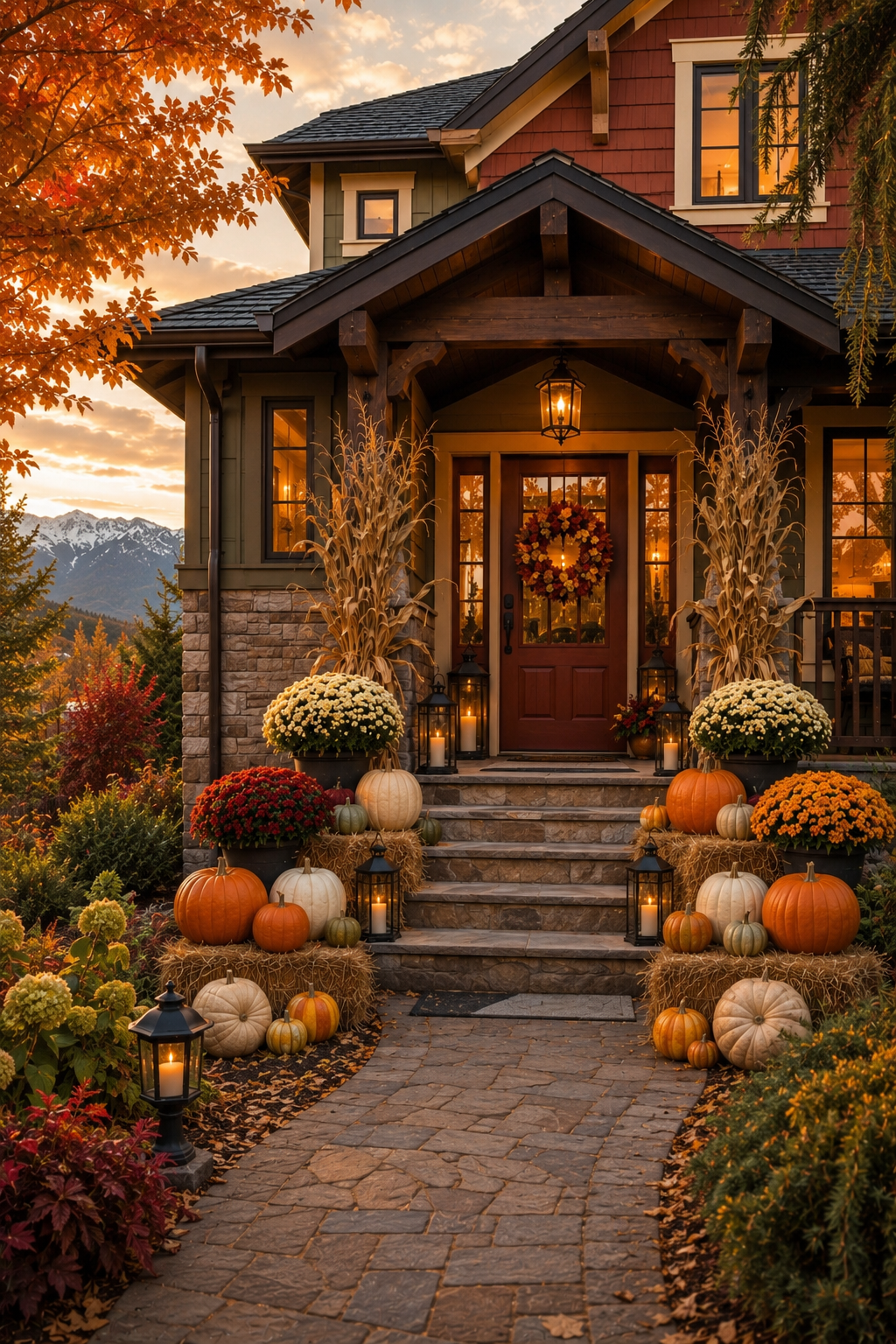 A cozy house decorated for autumn with pumpkins, fall flowers, and lanterns lining the stone pathway leading to the front door at sunset.