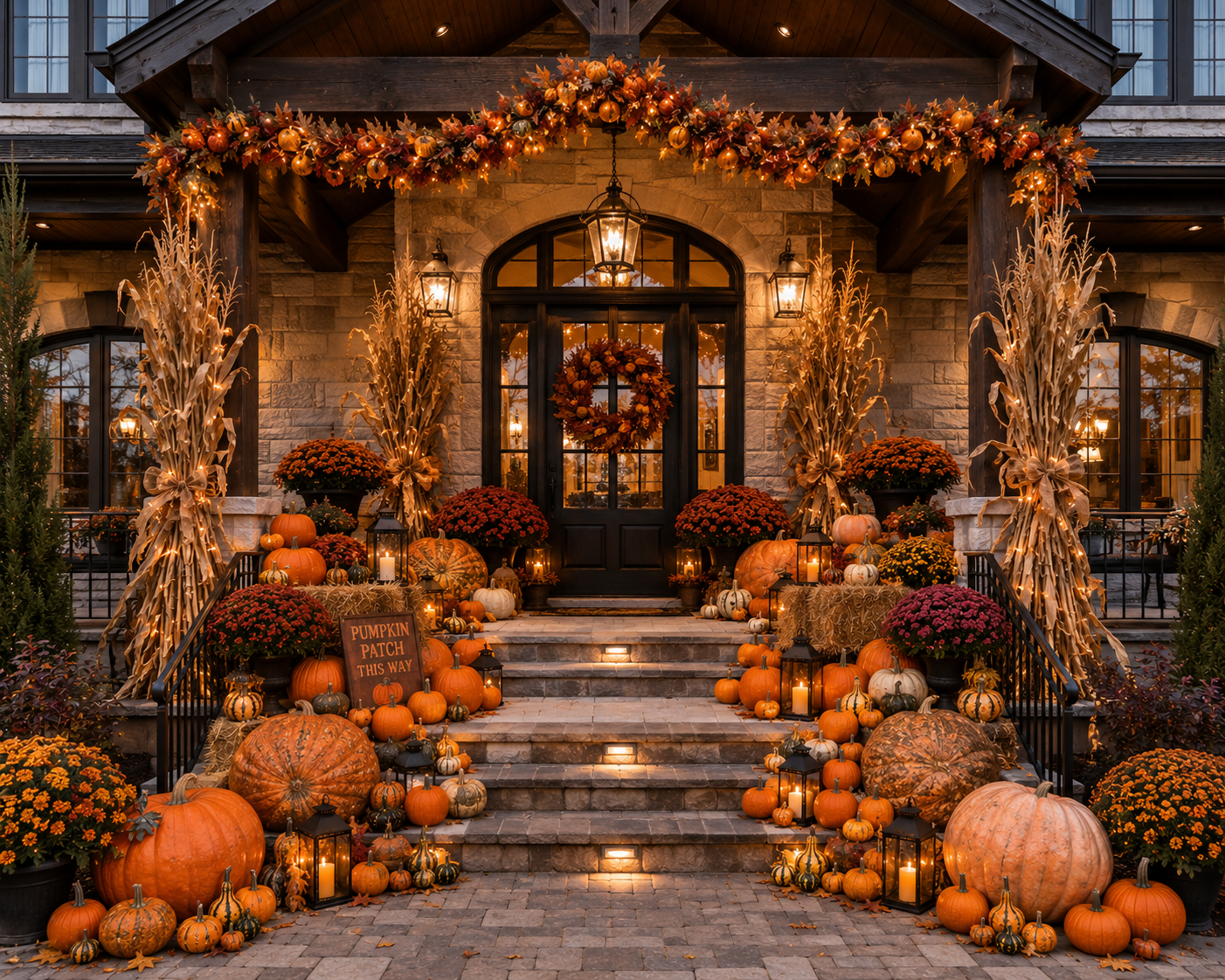 Decorated front entrance of a house with pumpkins, mums, lanterns, and fall foliage for Halloween or autumn.