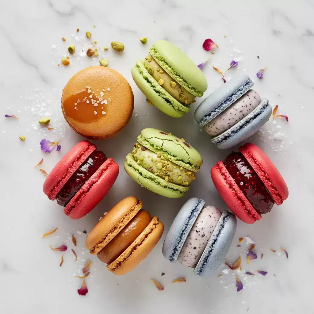Colorful assortment of macarons arranged in a circle on a white marble surface, garnished with edible flowers and crushed pistachios.