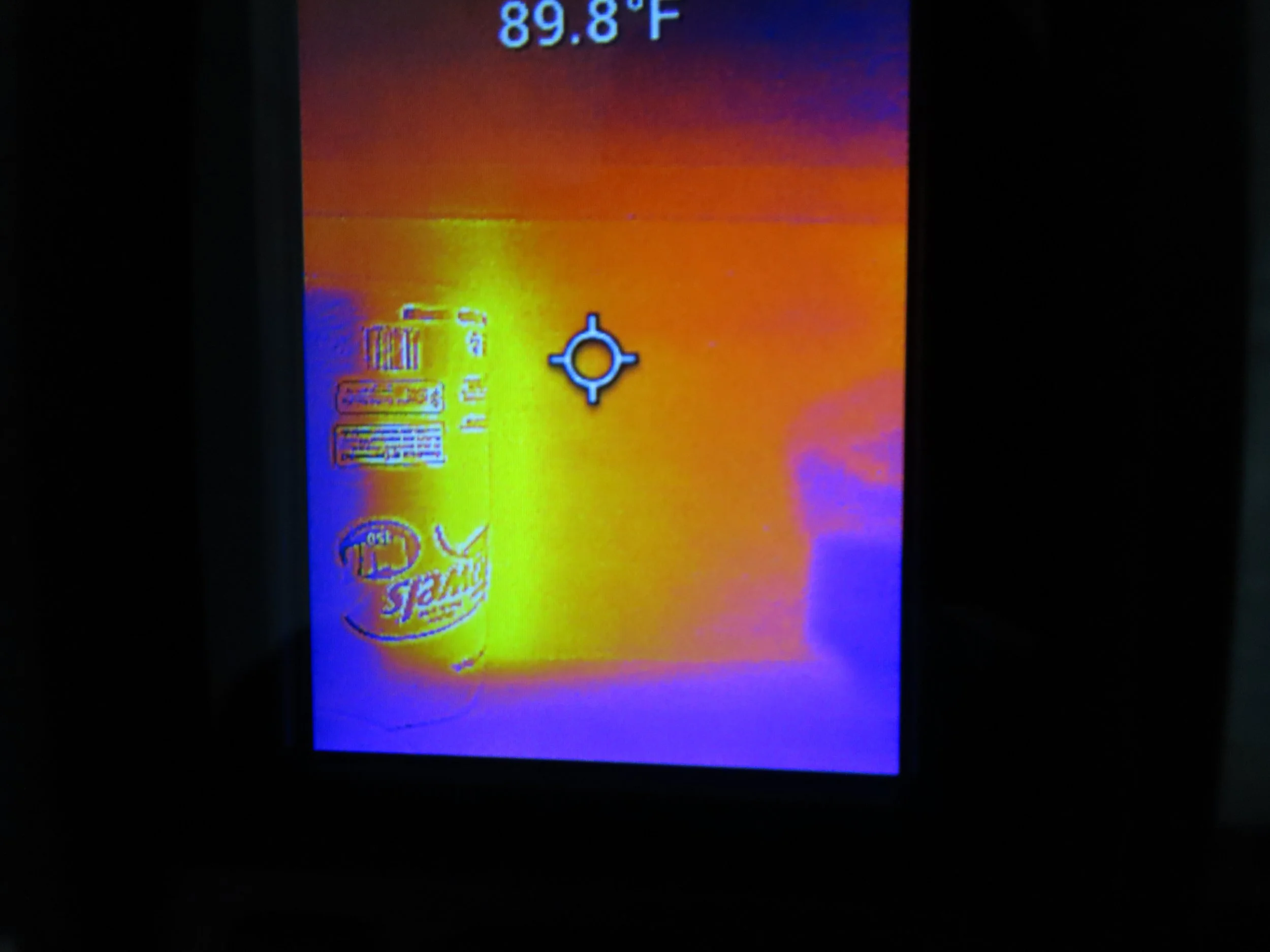 An infrared image of a pantry wall showing a temperature of 89.8 degrees Farenheit