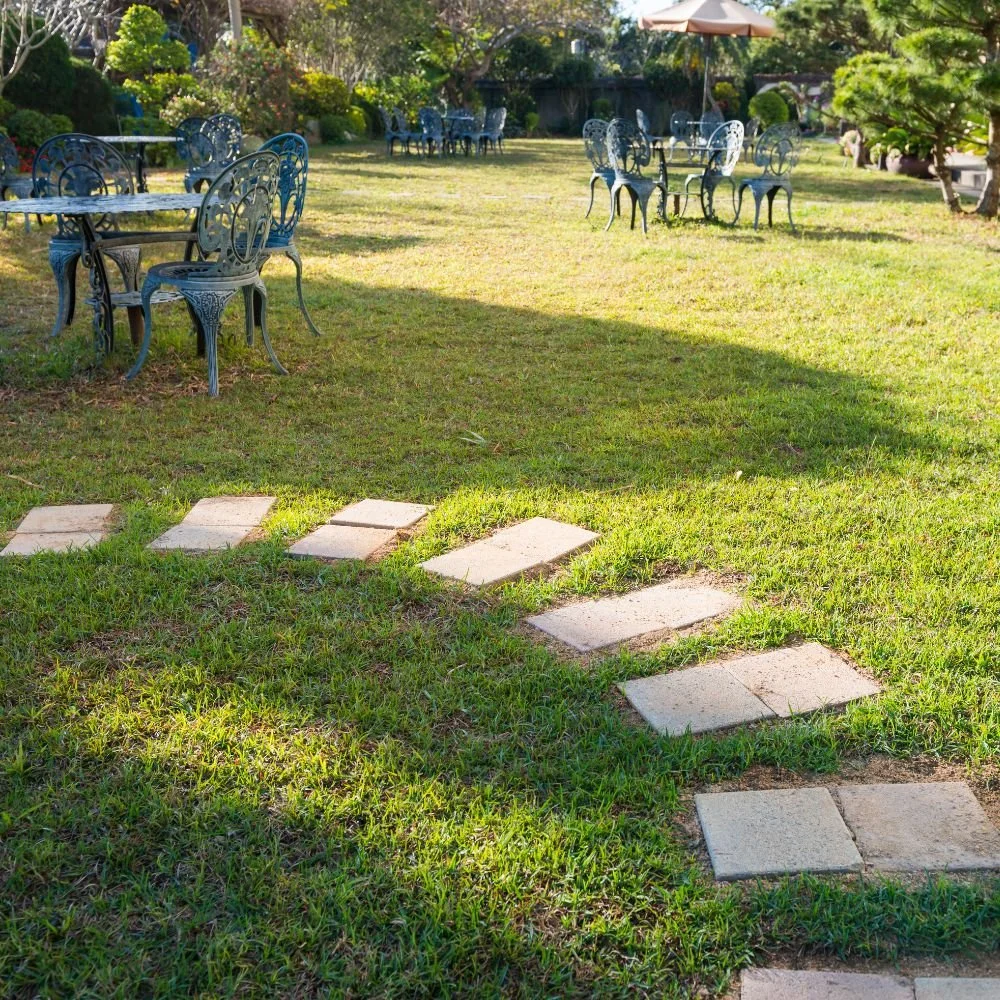 A man mowing the lawn with a robotic lawn mower in a lush garden.