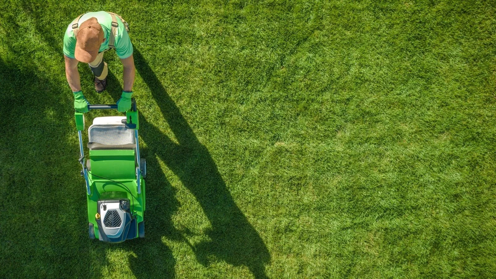 Overhead view of a person mowing a lush green lawn with a green riding lawn mower.