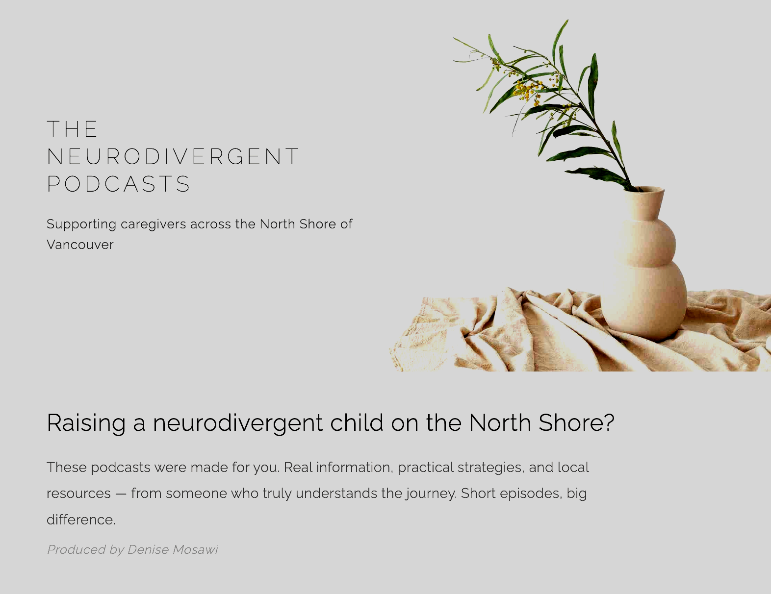 An advertisement for the Neurodivergent Podcasts, featuring a minimalist design with a grey background, black text, and a photograph of a beige vase with a green leafy branch, sitting on a soft, textured fabric.