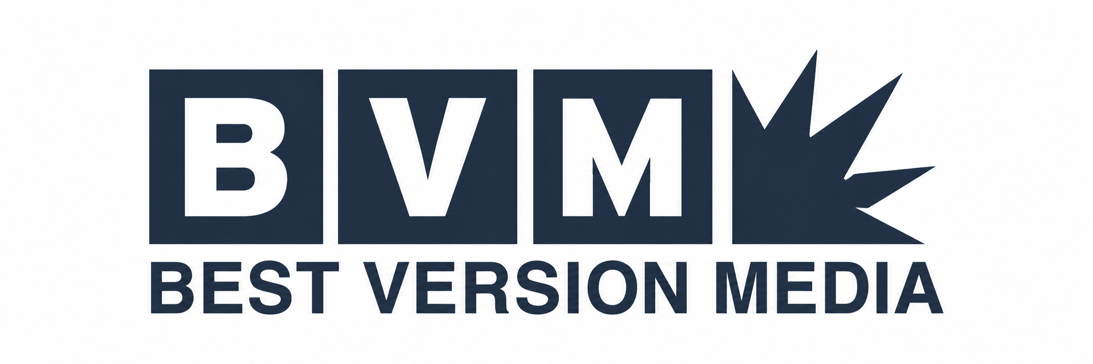 Logo with the text "BVMM" and a starburst shape, followed by the phrase "Best Version Media" underneath.