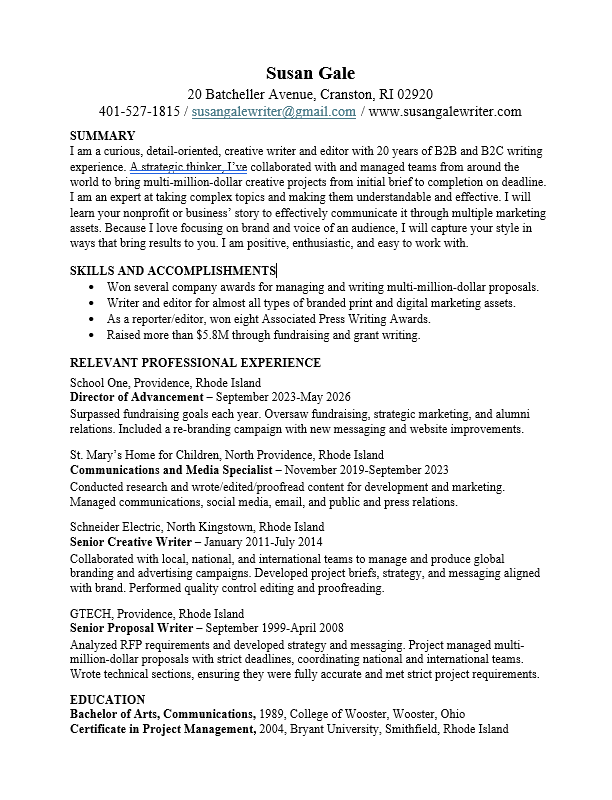 Susan Gale Resume