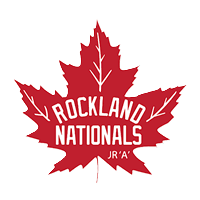 Red maple leaf with white text that says "Rockland Nationals Jr A"