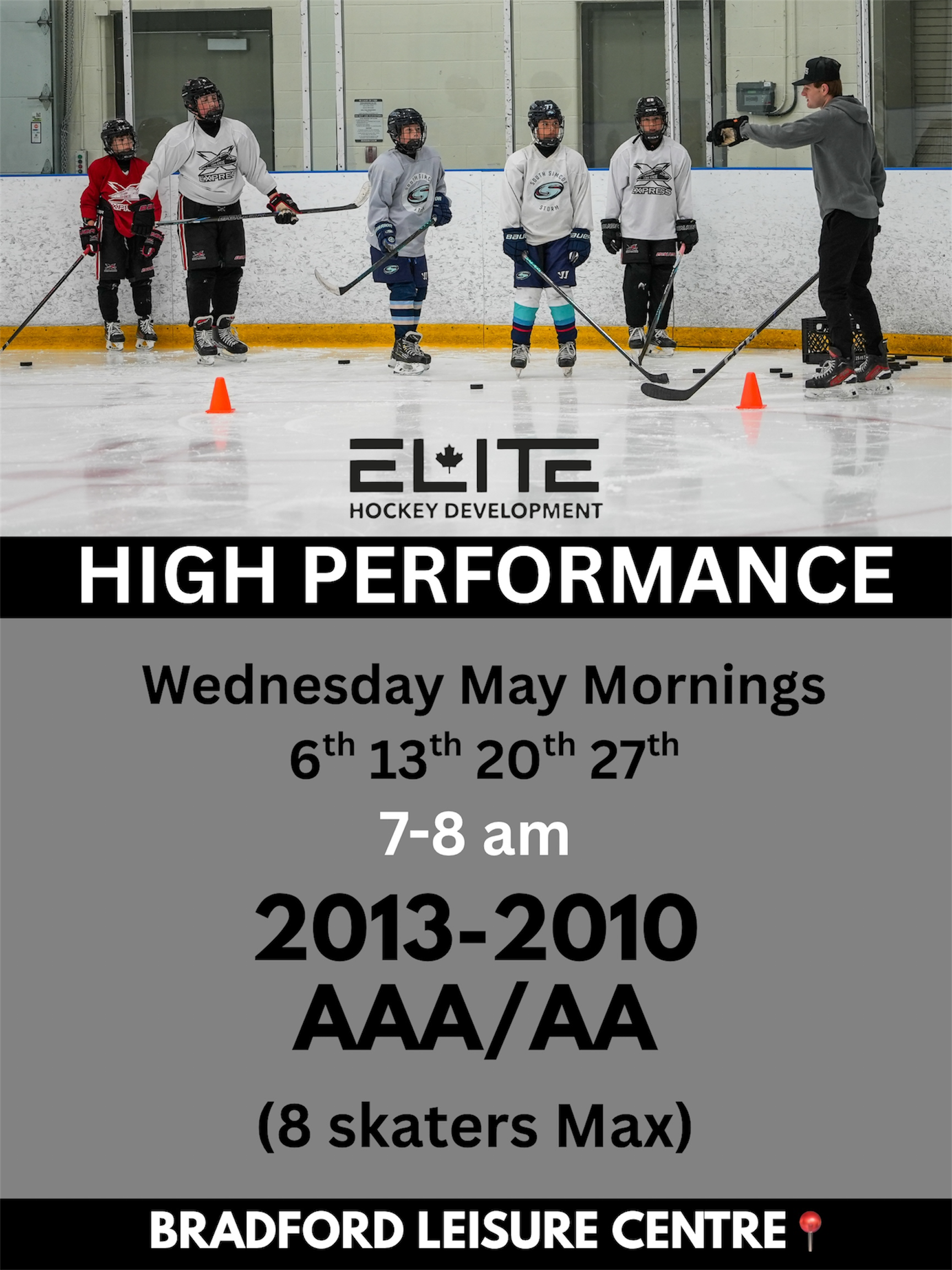 A promotional poster for an elite hockey development program at Bradford Leisure Centre, featuring a photo of young hockey players in gear with a coach, and event details including dates in May 2013 and 2014, and the time slot 7-8 am.