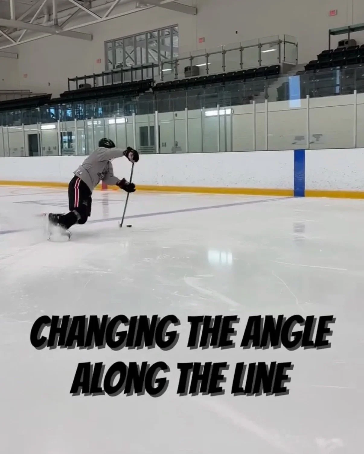 A person in hockey gear skating on an ice rink with a hockey stick, with the text 'Changing the angle along the line' at the bottom of the image.