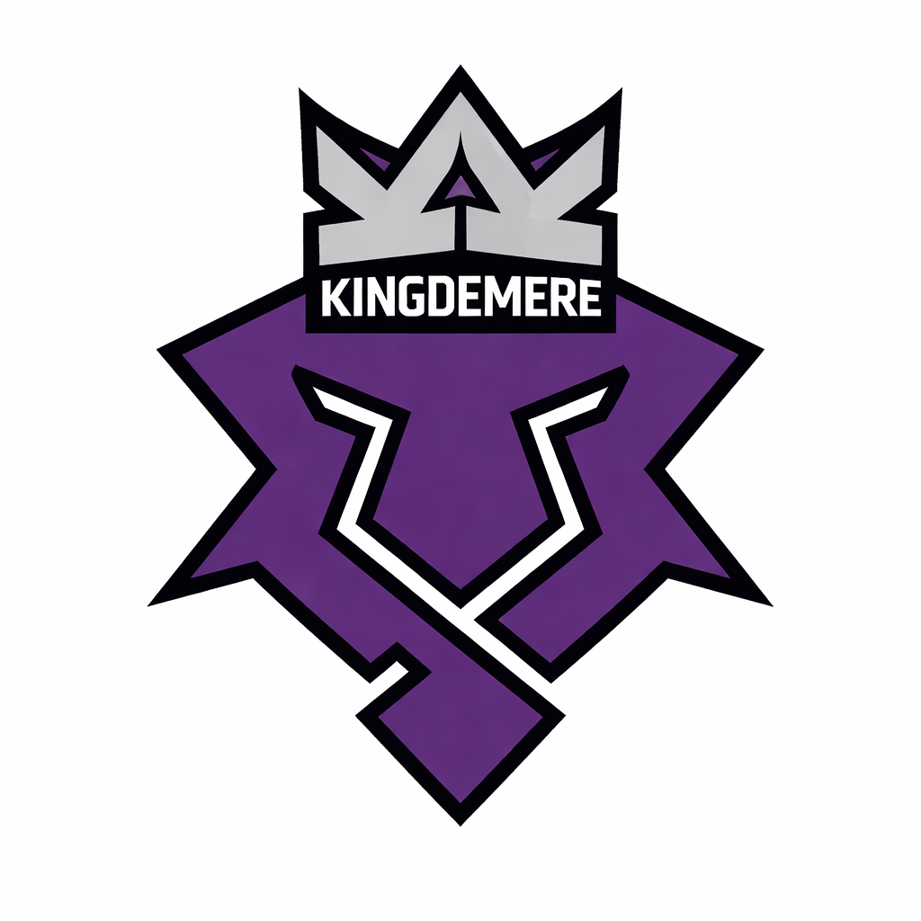 A stylized logo featuring a purple shield with a white outline, a crown at the top, and a sword in the center. The word "KINGDEME" is displayed across the crown.