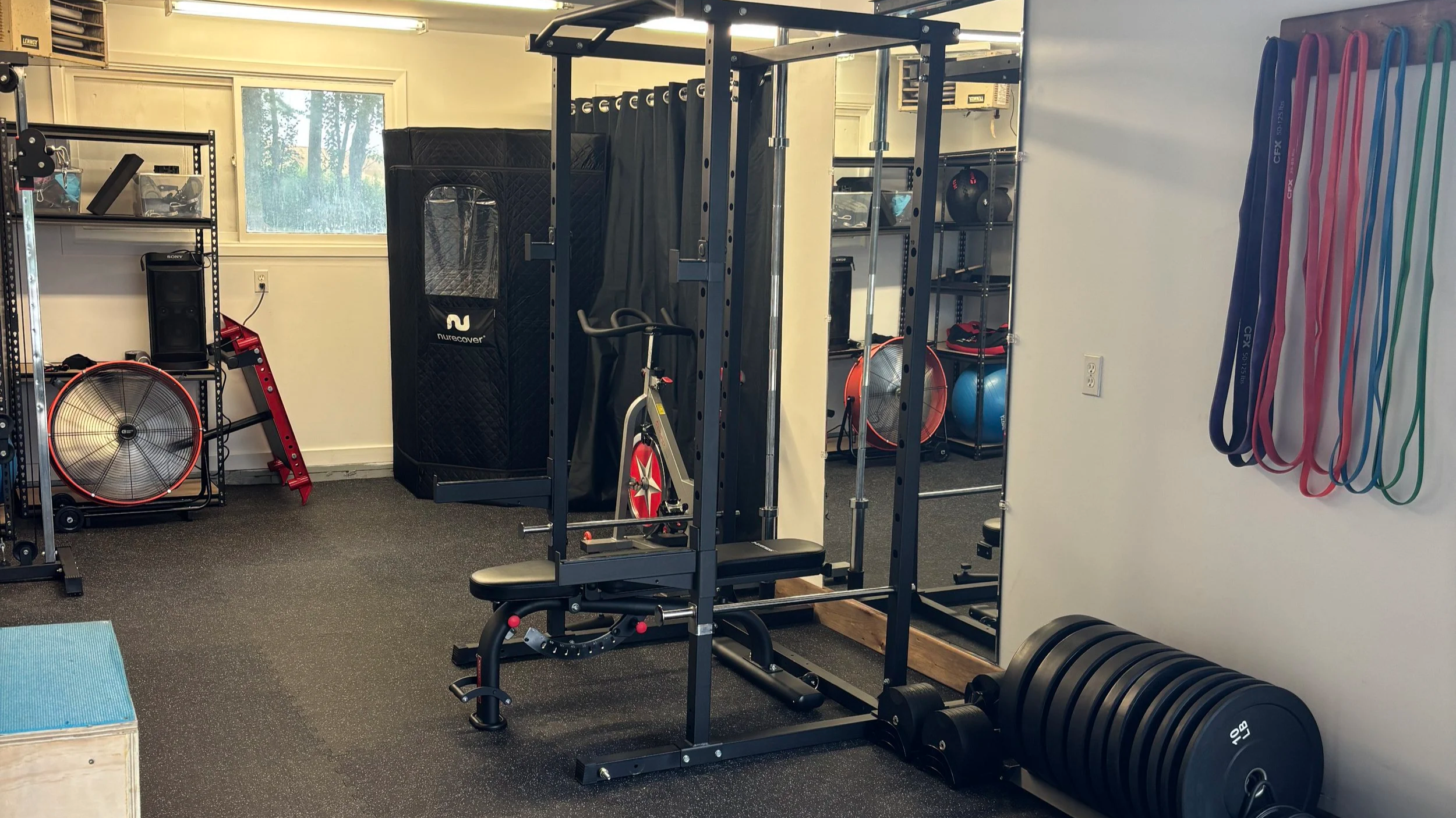 A small gym or workout room with various fitness equipment including a black weightlifting station, exercise bike, large fan, shelves with therapy balls, resistance bands on the wall, and a rack of weights. There is a window with trees outside.