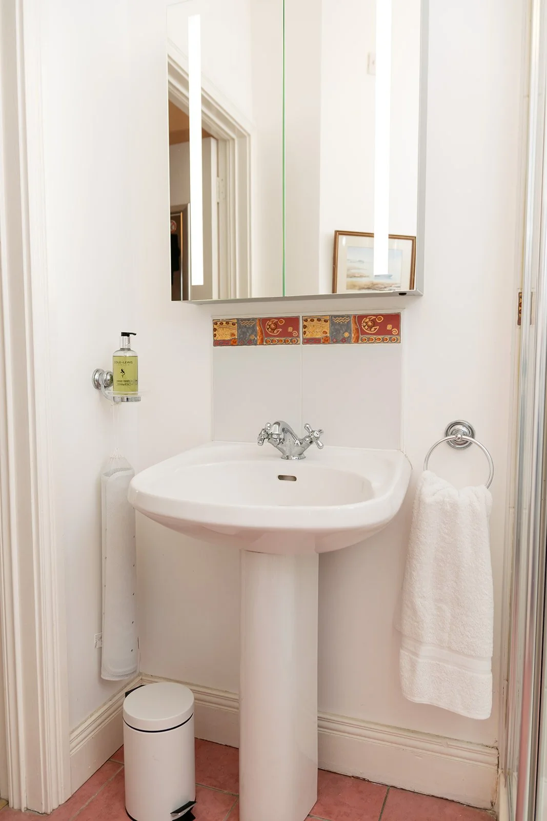 A small bathroom with a white pedestal sink, mirror, framed picture, hand soap dispenser, towel, and trash bin.