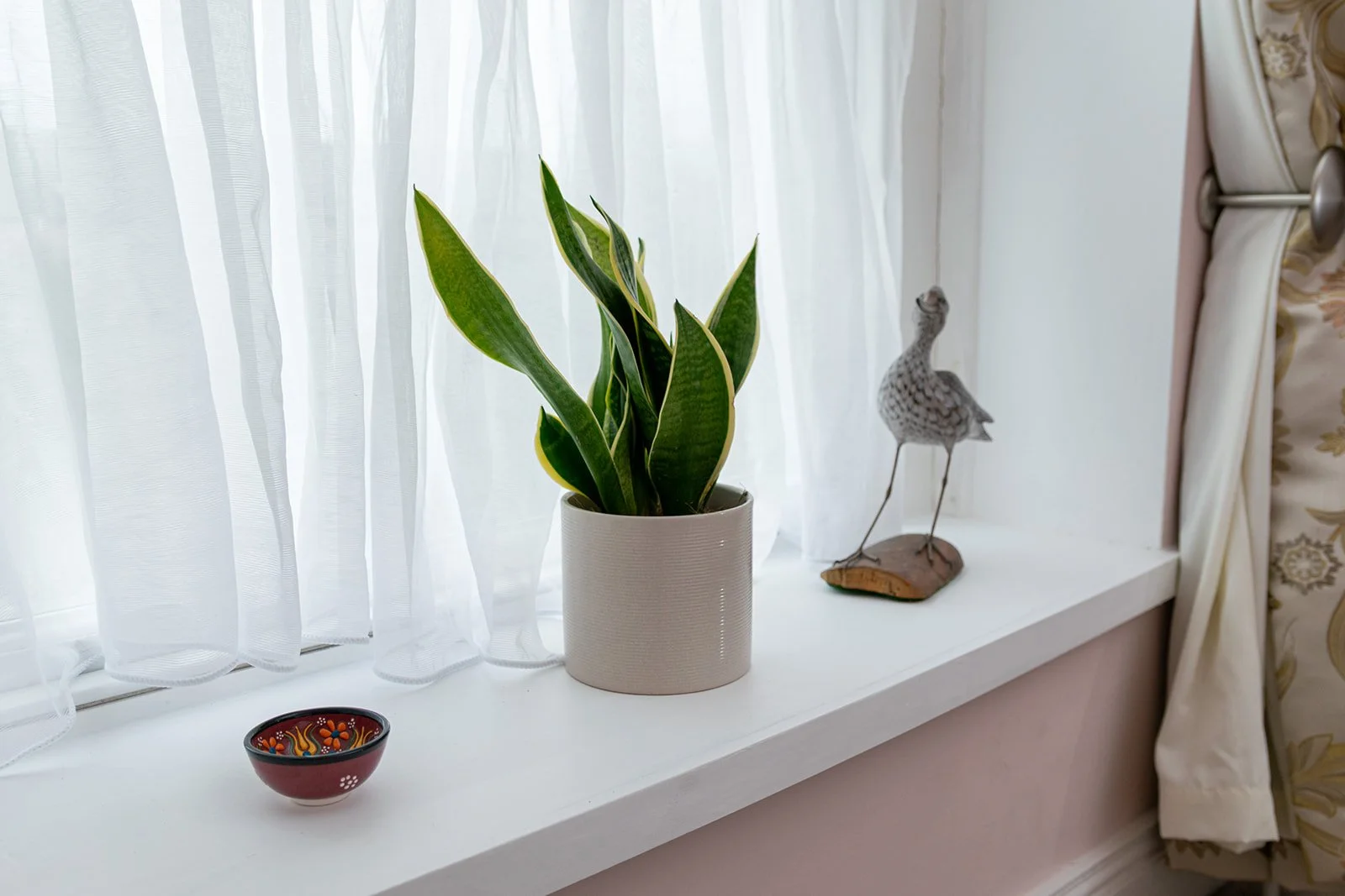 Decorative home interior with a white windowsill, a potted snake plant, a small colorful decorative bowl, and a bird figurine, with sheer curtains and floral curtains in the background.