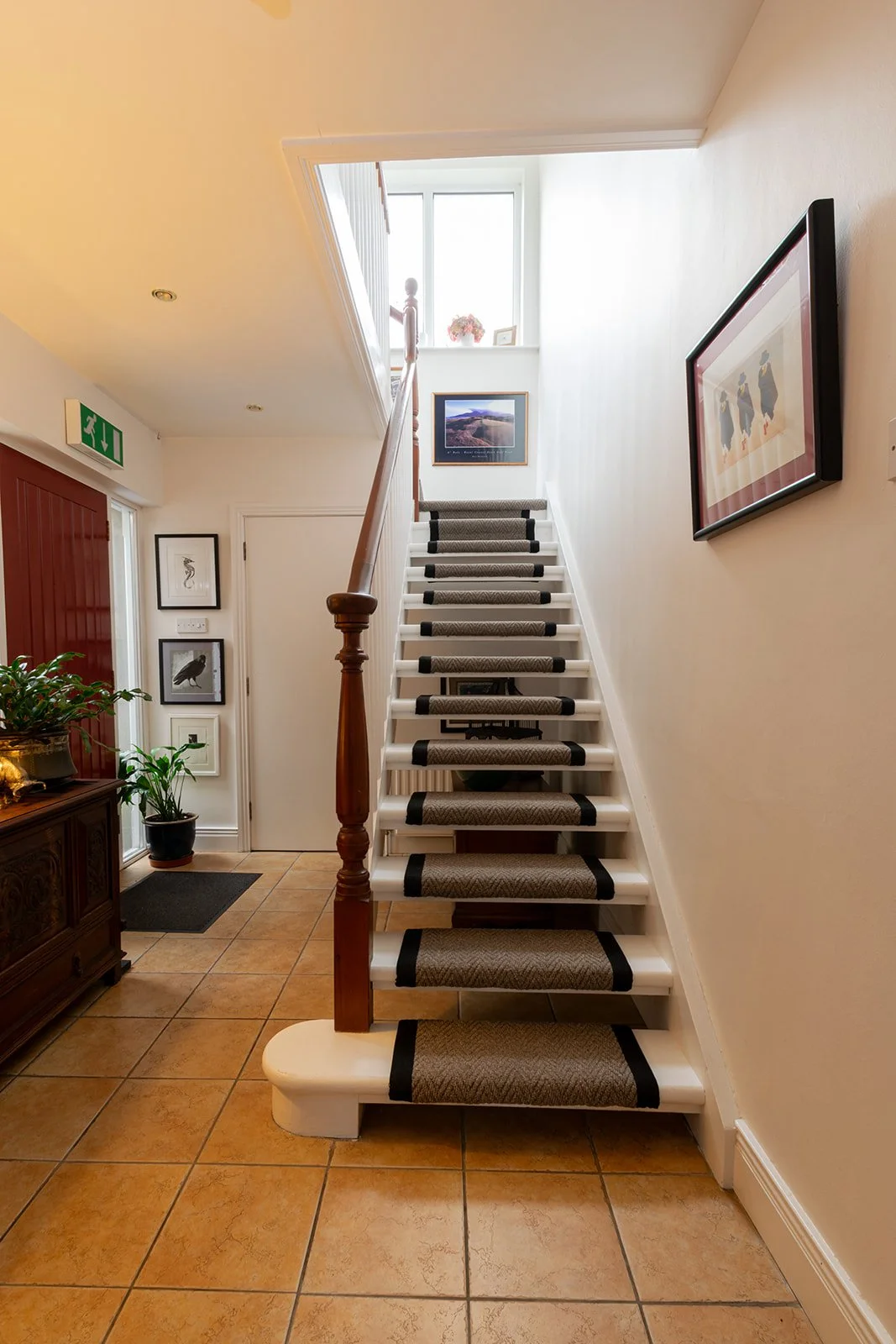 Interior of a house featuring a staircase with a patterned carpet runner, framed artwork on the wall, potted plants near a door, and a tiled floor.