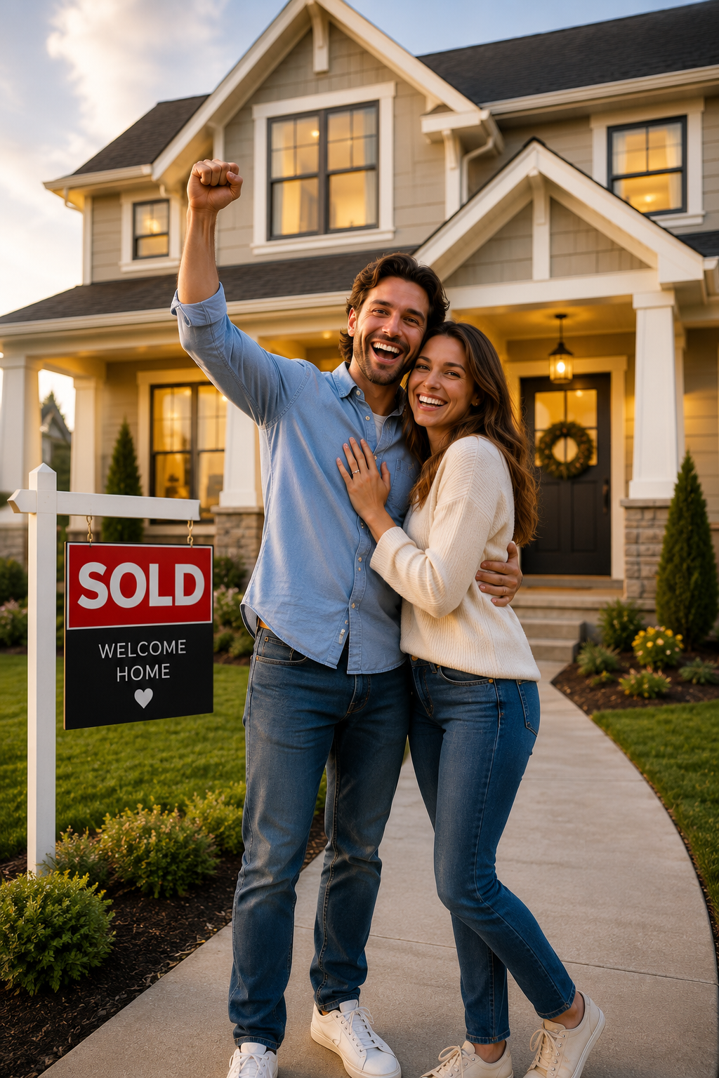 Happy couple celebrating in front of their sold home with a welcome sign.