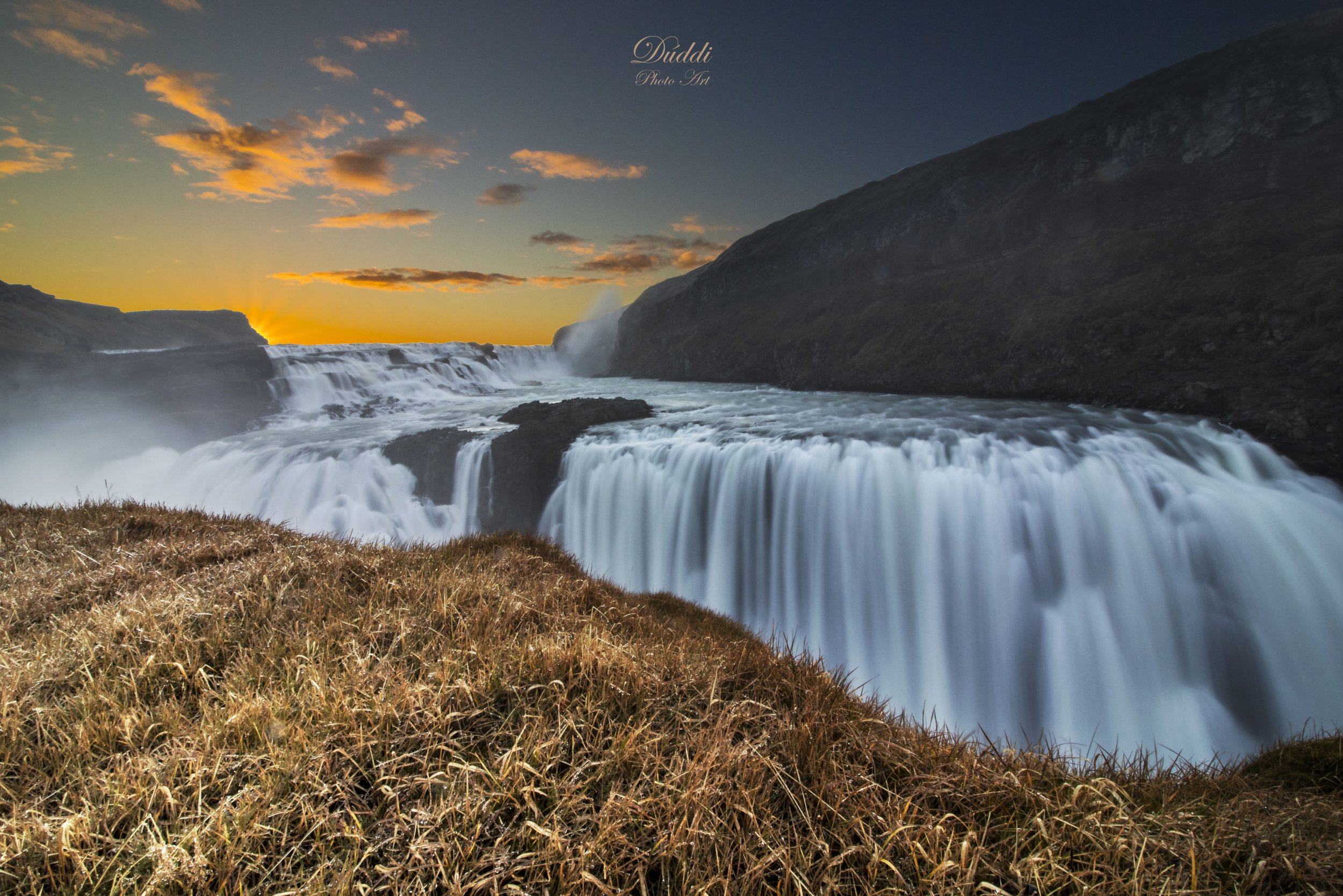 Gullfoss, a waterfall in Iceland at sunrise