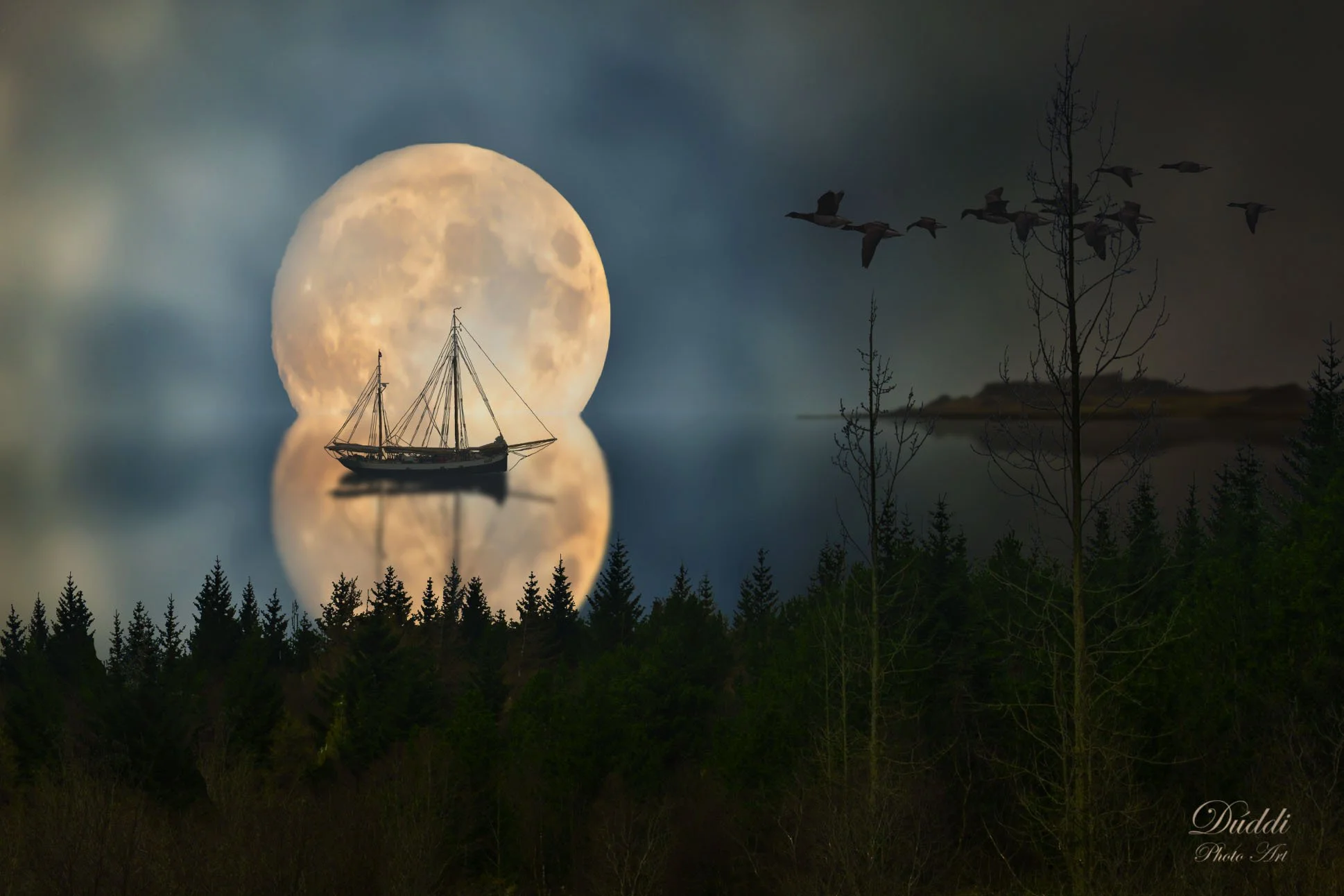 Sailship in the moonlight