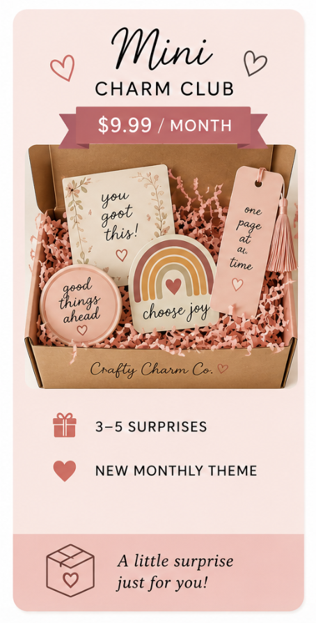 A promotional flyer for the Mini Charm Club subscription, featuring a pink and beige theme with decorative charms and motivational notes, offering 3 to 5 surprises and a new monthly theme for $9.99 per month.