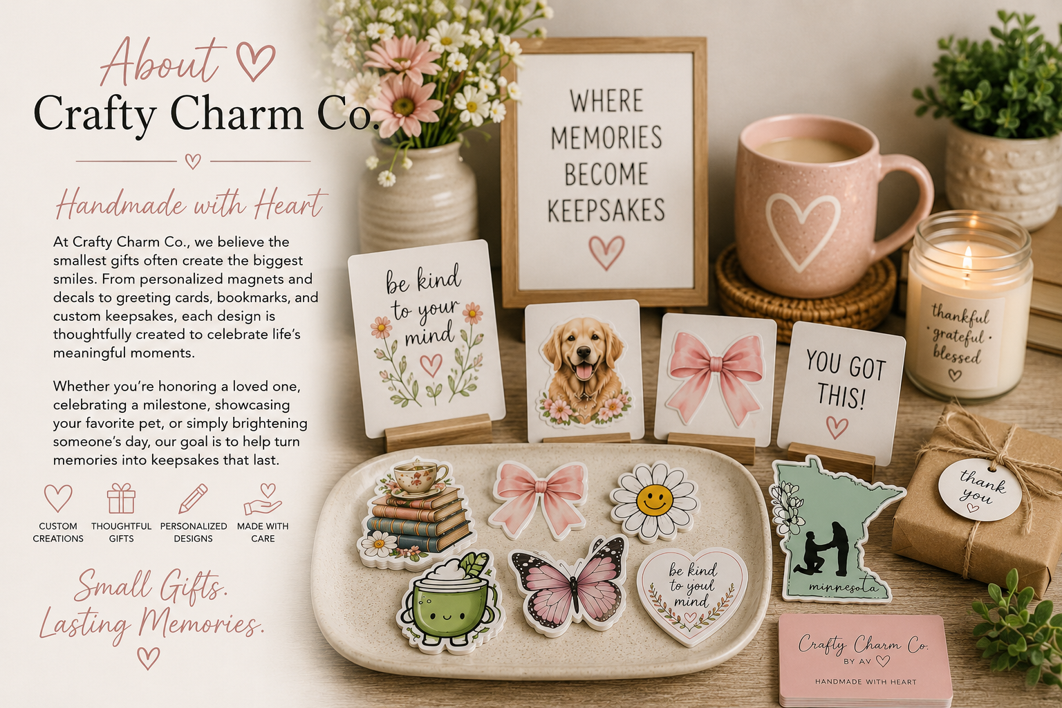 Display of various handcrafted gifts and decor, including framed quote, pink mug with heart, candle, potted plants, small stickers with motivational messages, a wrapped gift with 'thank you' tag, and a printed description of Crafty Charm Co. at a craft shop.