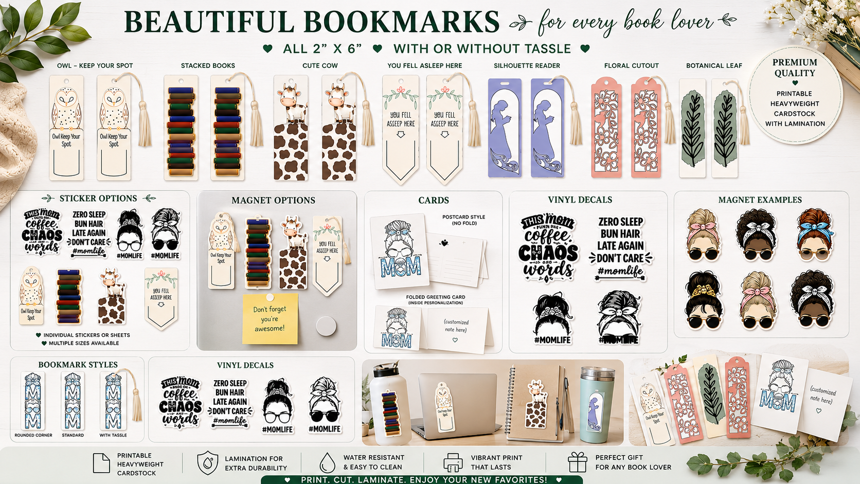 Display of assorted bookmarks with various designs including owls, stacked books, cute cow, silhouette reader, floral cutout, botanical leaf, and personalized options, along with sticker options, magnet options, cards, vinyl decals, bookmark styles, and magnet examples, all arranged on a light background with decorative greenery.