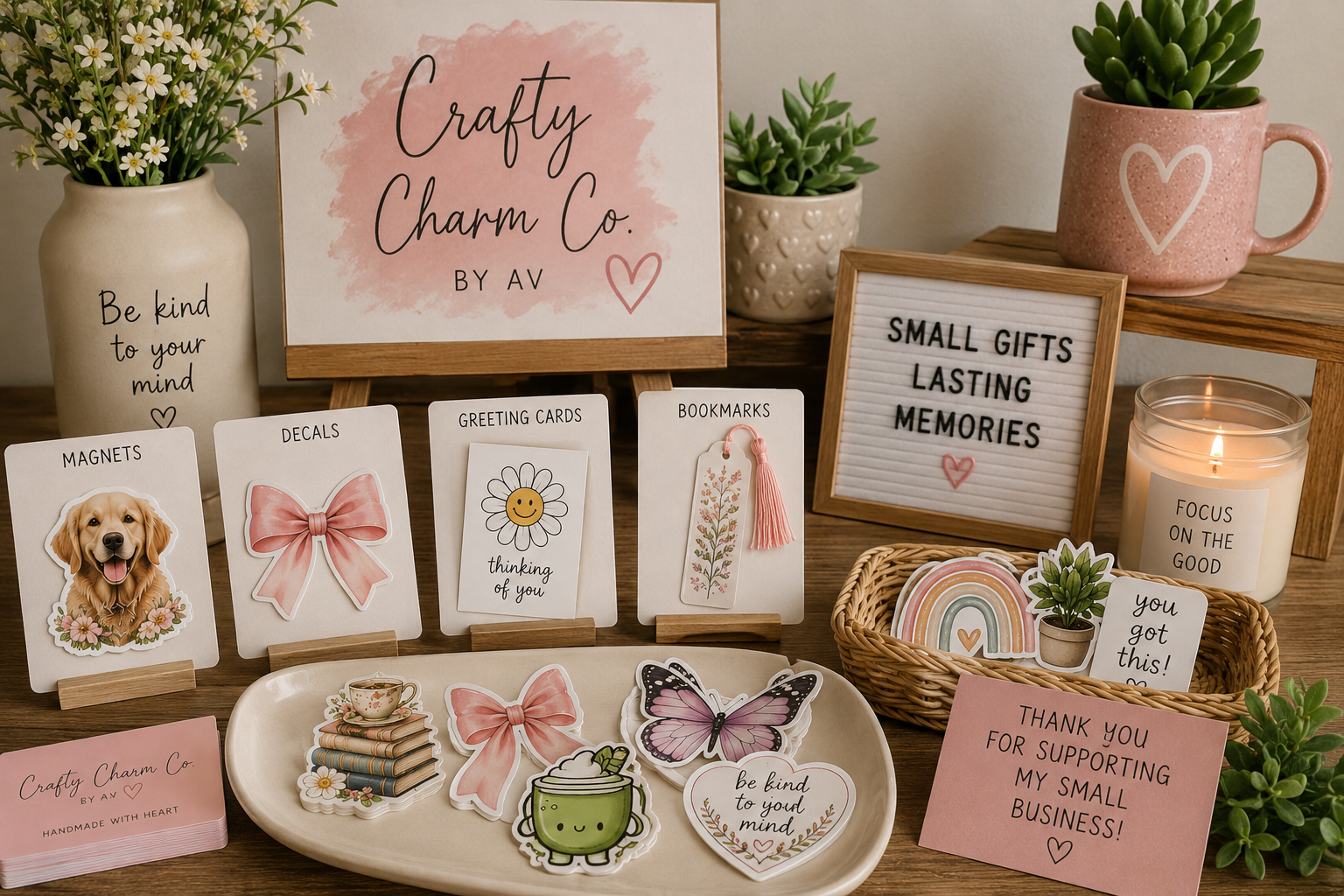 Display of small handmade gift items including greeting cards, stickers, a small candle, a flower and plant-themed decor, and signs with uplifting messages such as "Crafty Charm Co. by AV," "Small Gifts Lasting Memories," and "Thank you for supporting my small business."