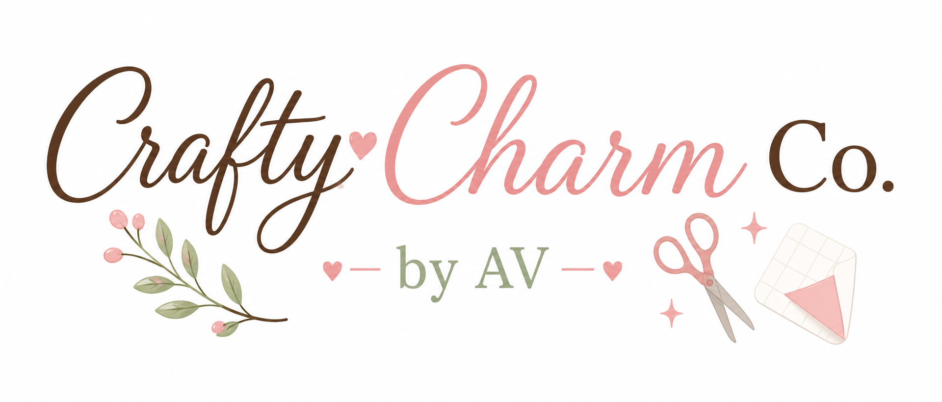 Logo for Crafty Charm Co. with floral design, scissors, and fabric across a white background.
