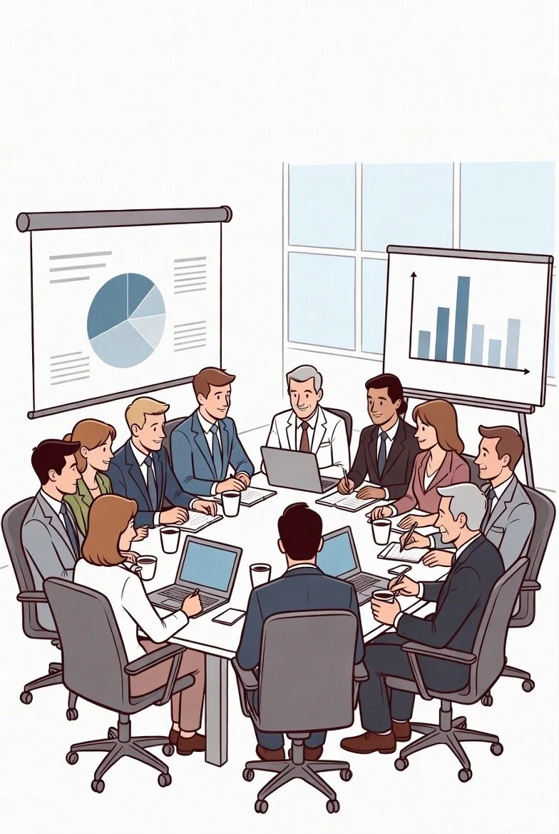 Business meeting with people seated around a large table, with charts and graphs on projection screens.