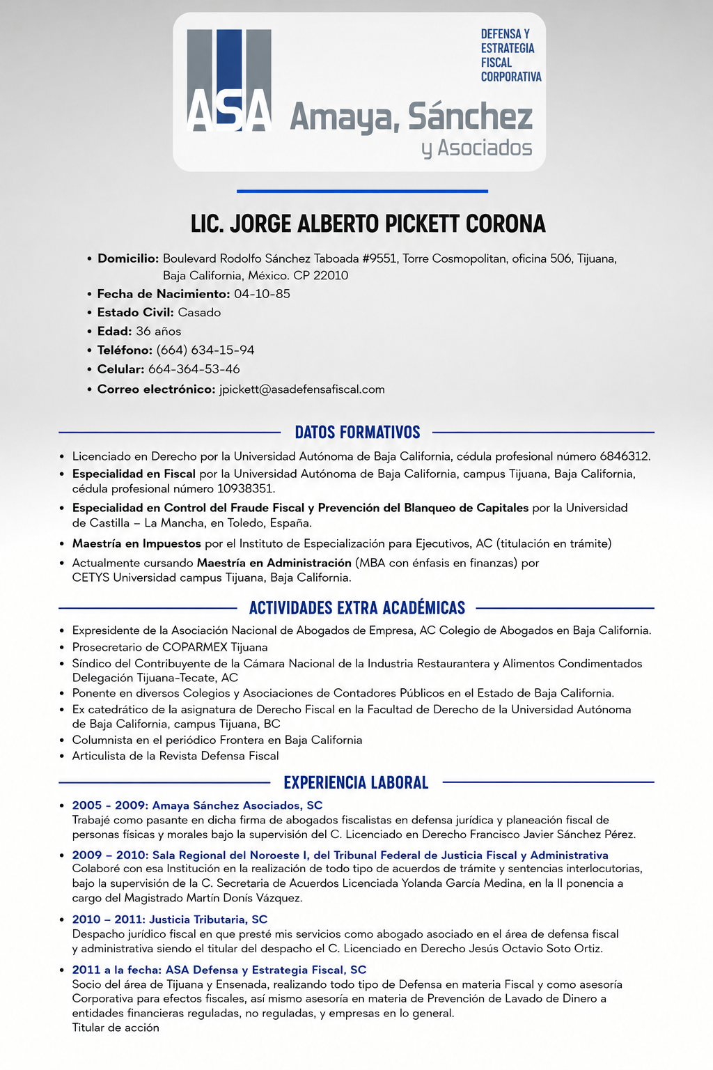 Currículum vitae con información personal, académica y laboral de Jorge Alberto Pickett Corona, en hojas blancas con encabezado azul, logos y texto en negro.