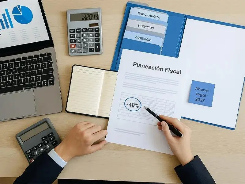 Documento titulado 'Planeación Fiscal' con anotación de un -40%, rodeado de libros, calculadoras, una laptop y gafas en un escritorio de oficina.