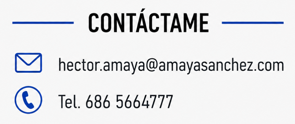 Tarjeta de contacto con el título 'Contáctame', una dirección de correo electrónico y un número de teléfono, con iconos de sobre y teléfono.