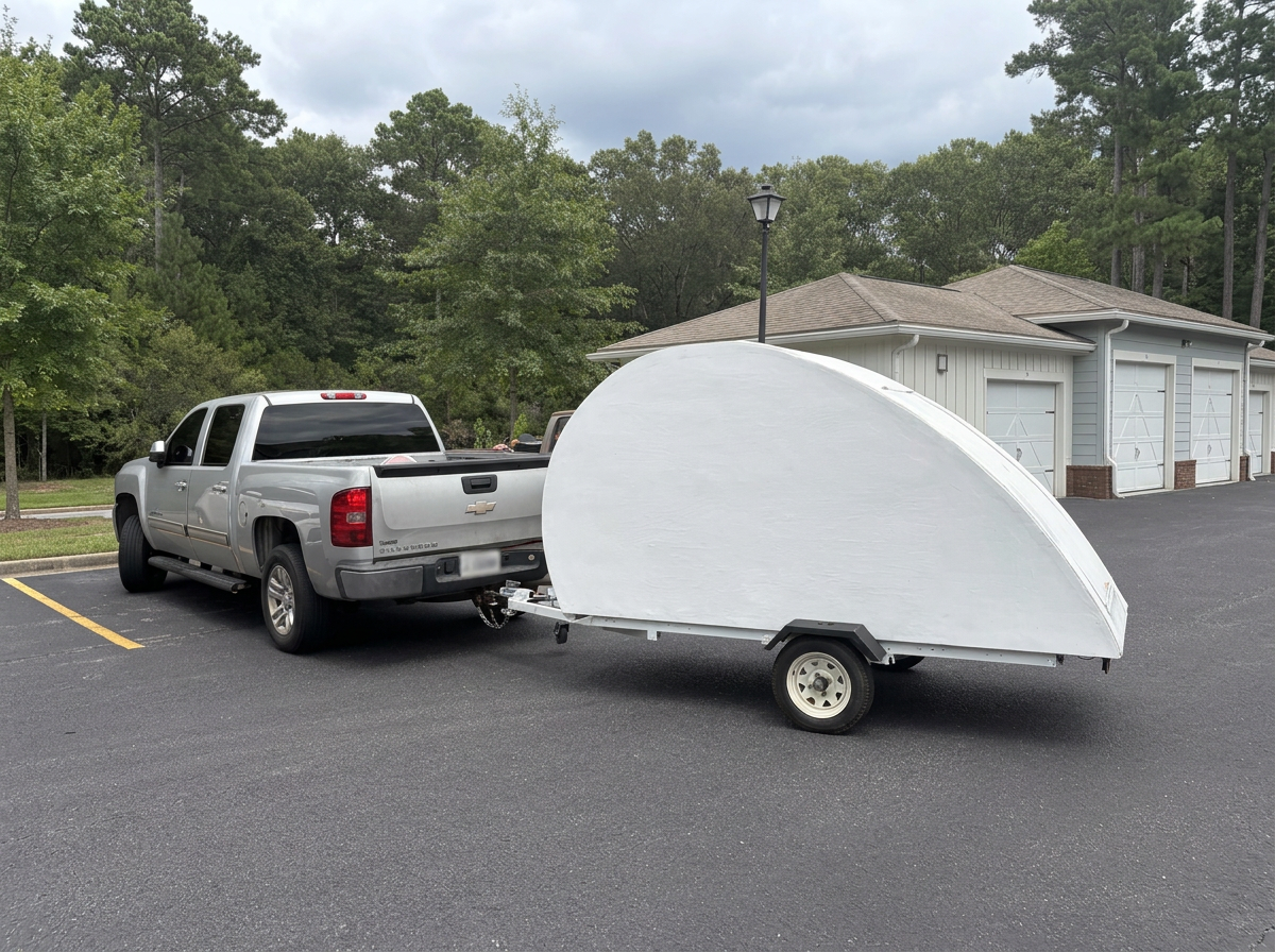 Silver pickup truck towing a small boat trailer with a white boat on it, parked in a residential area with trees and a grey house in the background.