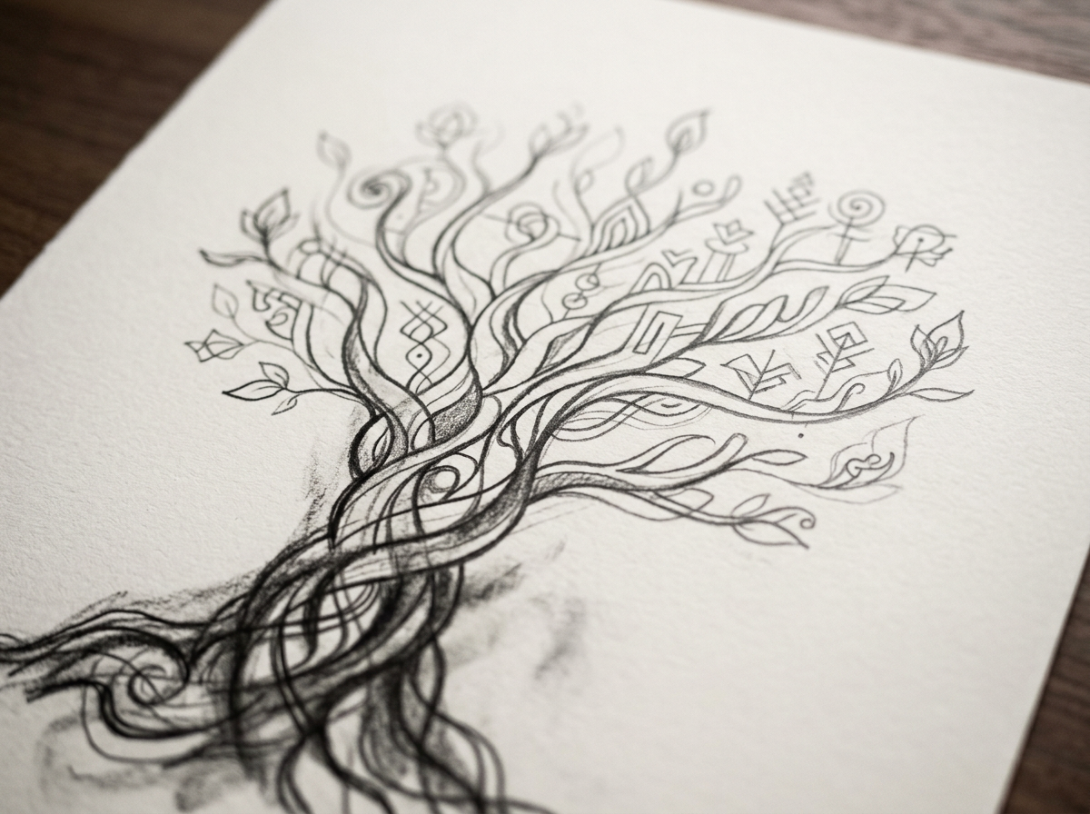 A detailed black and white drawing of a tree with twisting, intertwined branches and leaves, featuring geometric and abstract patterns.