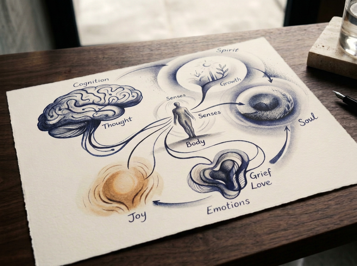 Illustration of the mind-body connection, emotions, personal growth, grief, and healing