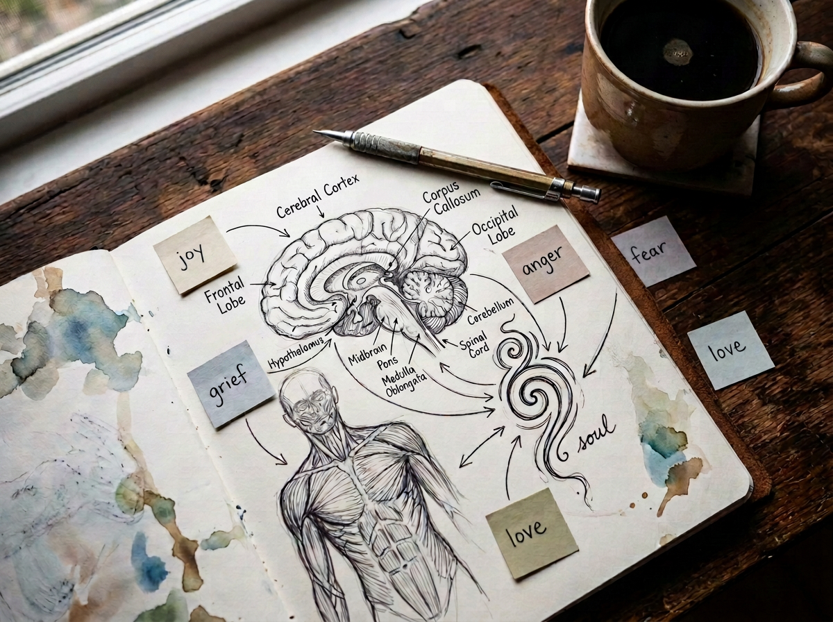 Illustration of the brain and body showing how emotions such as joy, grief, anger, fear, and love affect emotional well-being